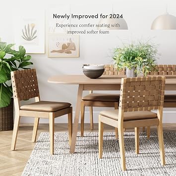 Nathan James Cohen Wood Dining Chair, Mid-Century Modern Upholstered Side Chair with Hand Woven Faux Leather Backrest, 20D x 18W x 33H, Natural Brown