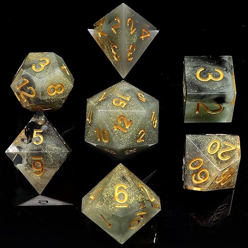 PJOY DND - Juego de dados con bordes afilados, 7 piezas de dados DND de resina verde y negra, dados poliédricos D&D con estuche de dados para juegos