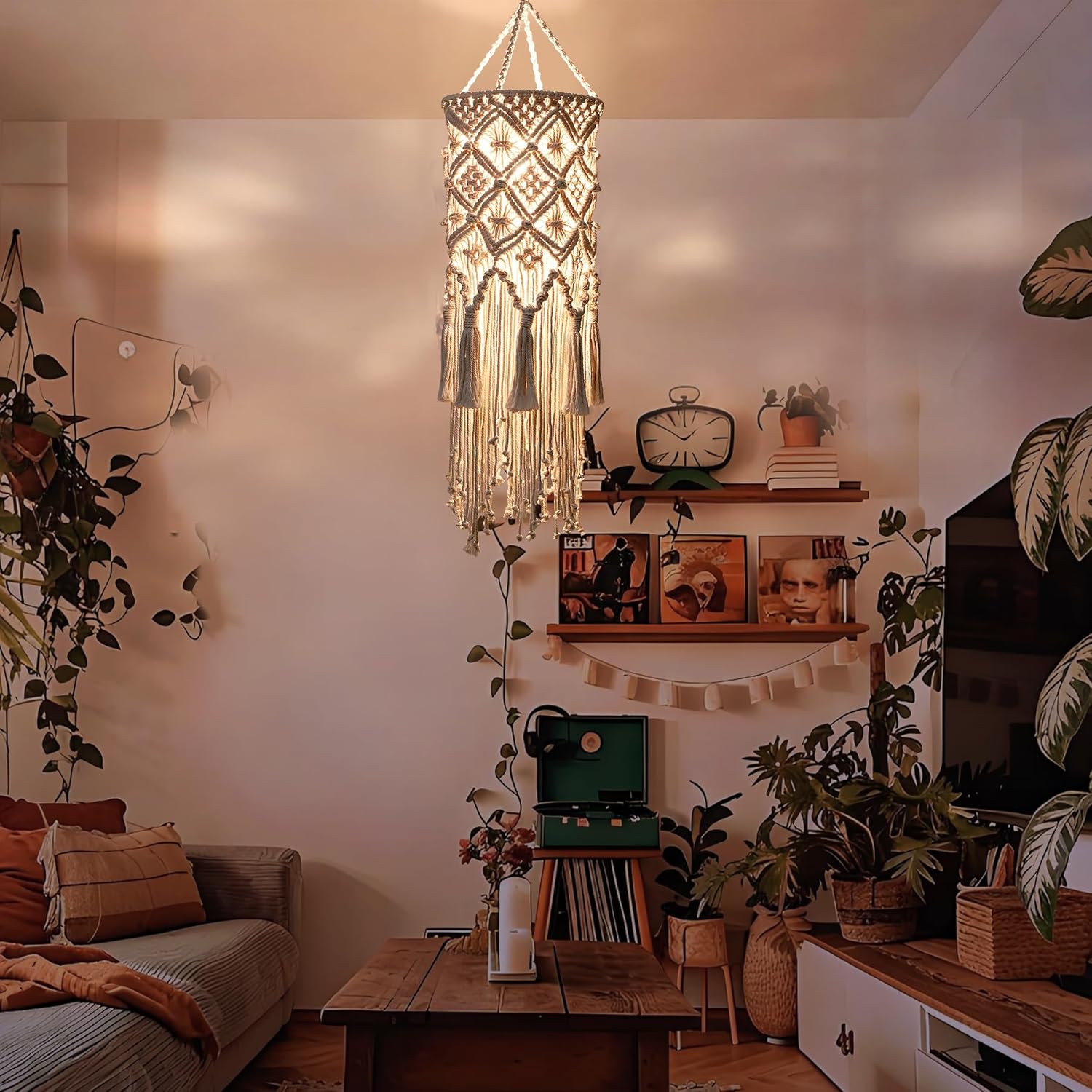 Bioaqua Hanging Lamp,Boho Light Fixture with Plug in Cord,Macrame Hand-Woven Cotton Pendant Lamp Shade,Bohemian Pendant Light Plug in for Living Room Bedroom Kitchen Island Dining Room Decor Homestay