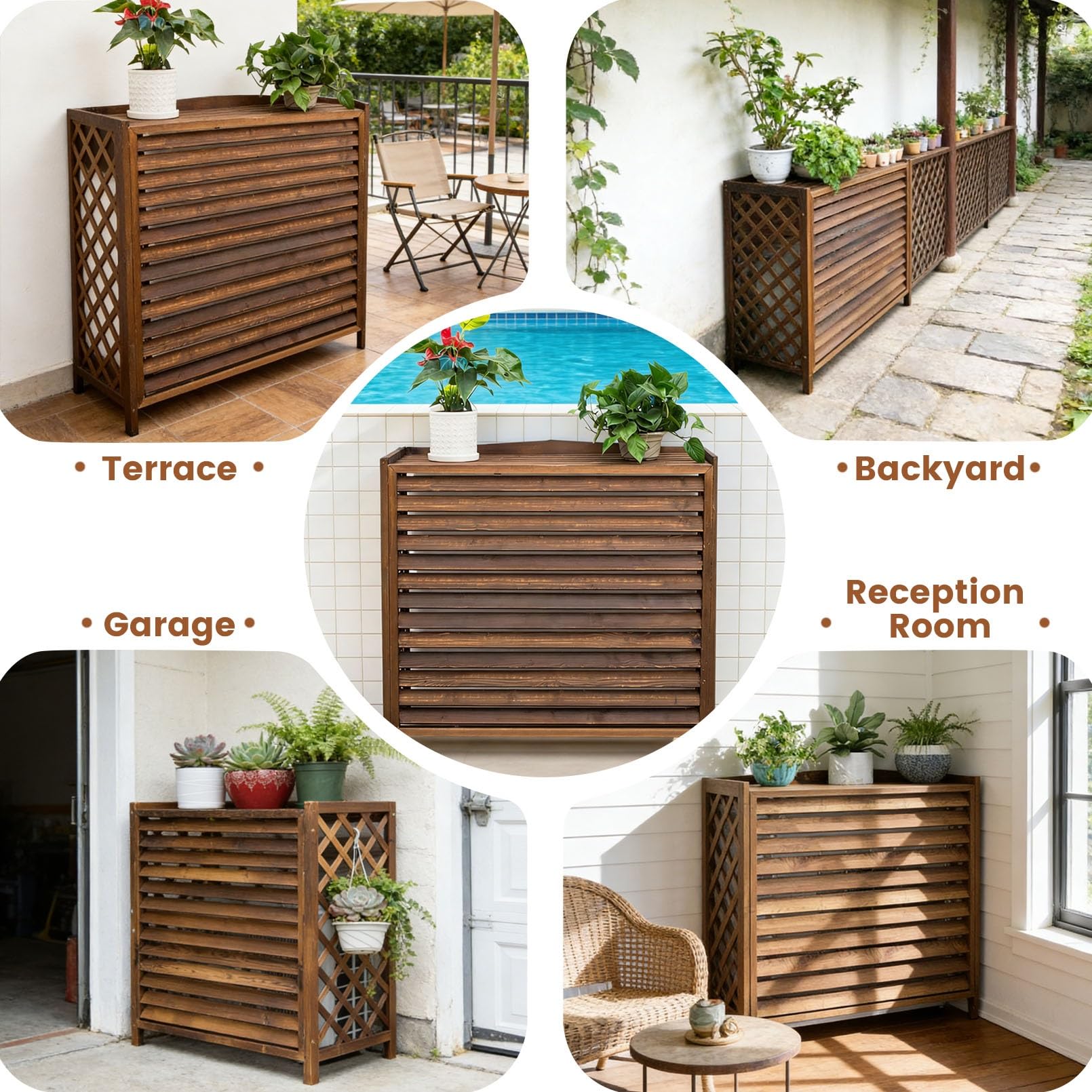Cache Pompe a Chaleur Extérieur Bois Cache Climatiseur Extérieur Marron Support De Climatiseur En Bois Jardin Housse Pompe a Chaleur Conception Cachée De Climatisation Décoration Balcon(110x50x85cm)