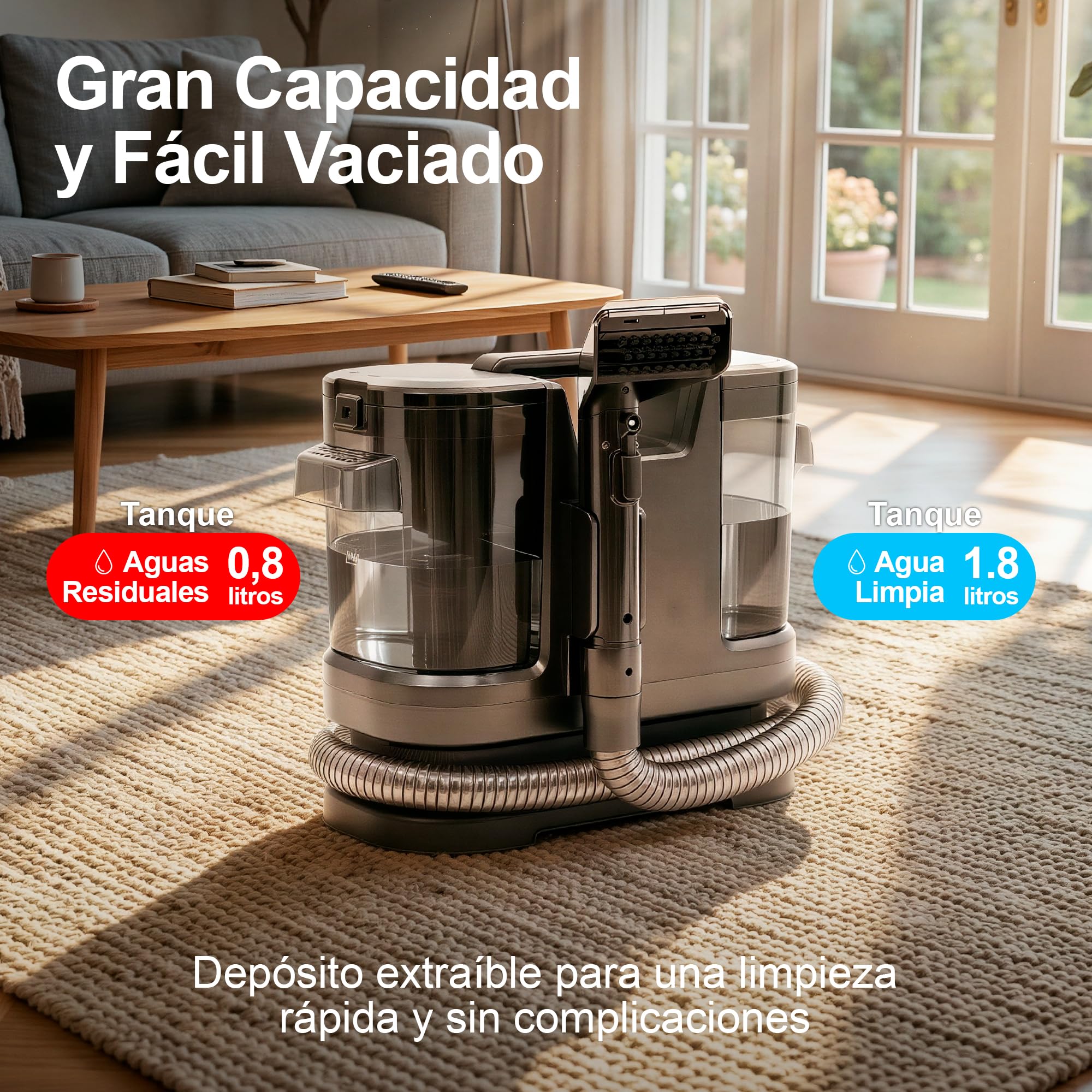 Aspirador de Agua | Limpiador Tapicerías Profesional | 450W Potente Succión | Limpieza en Seco y Húmedo | Cable de 5 metros | Sofás Alfombras Coches | Depósito Doble 1.8L + 0.8L | Aspiradora Portátil