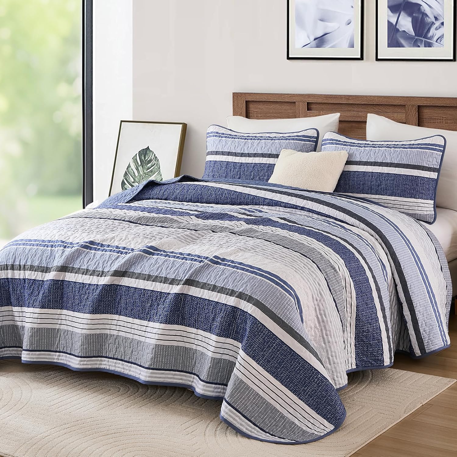 Dintszyayue King Size Quilts Navy, 3 Pieces Boho Striped Bedspread Bedding for King Size Bed, Soft Lightweight Microfiber Bohemian Coverlet Set for All Season Quilts with 2 Pillowcases - Image 2