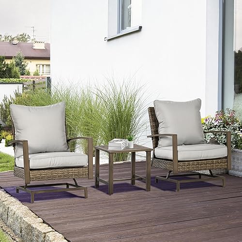 Miniatura 2 de Outsunny Juego de muebles de mimbre para patio, juego de sillas mecedoras para exteriores con mesa de centro bistró, juego de conversación de ratán
