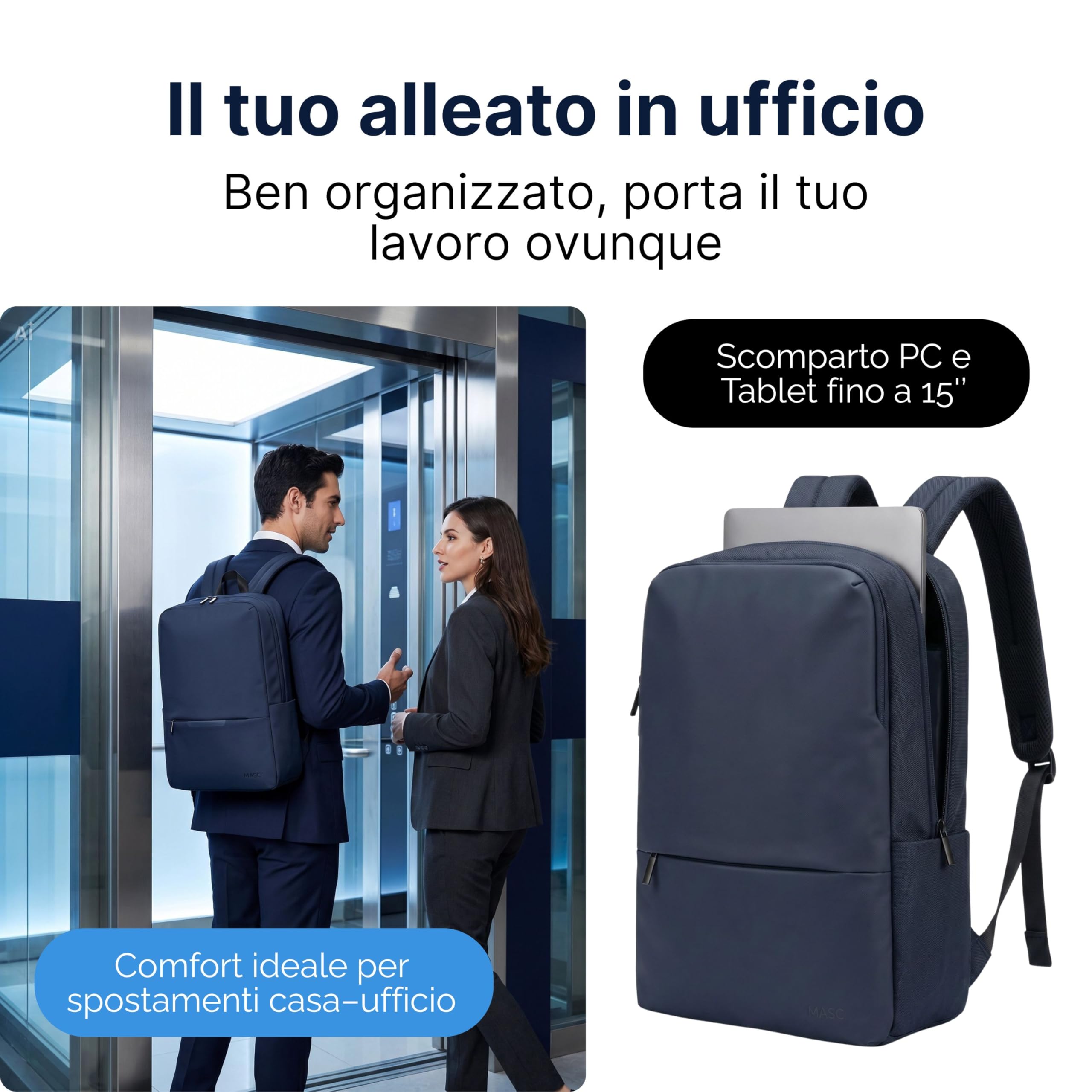 MASC Zaino Porta PC da Lavoro, Ideale per l’Ufficio è uno Zaino Elegante Business, Impermeabile e Professionale