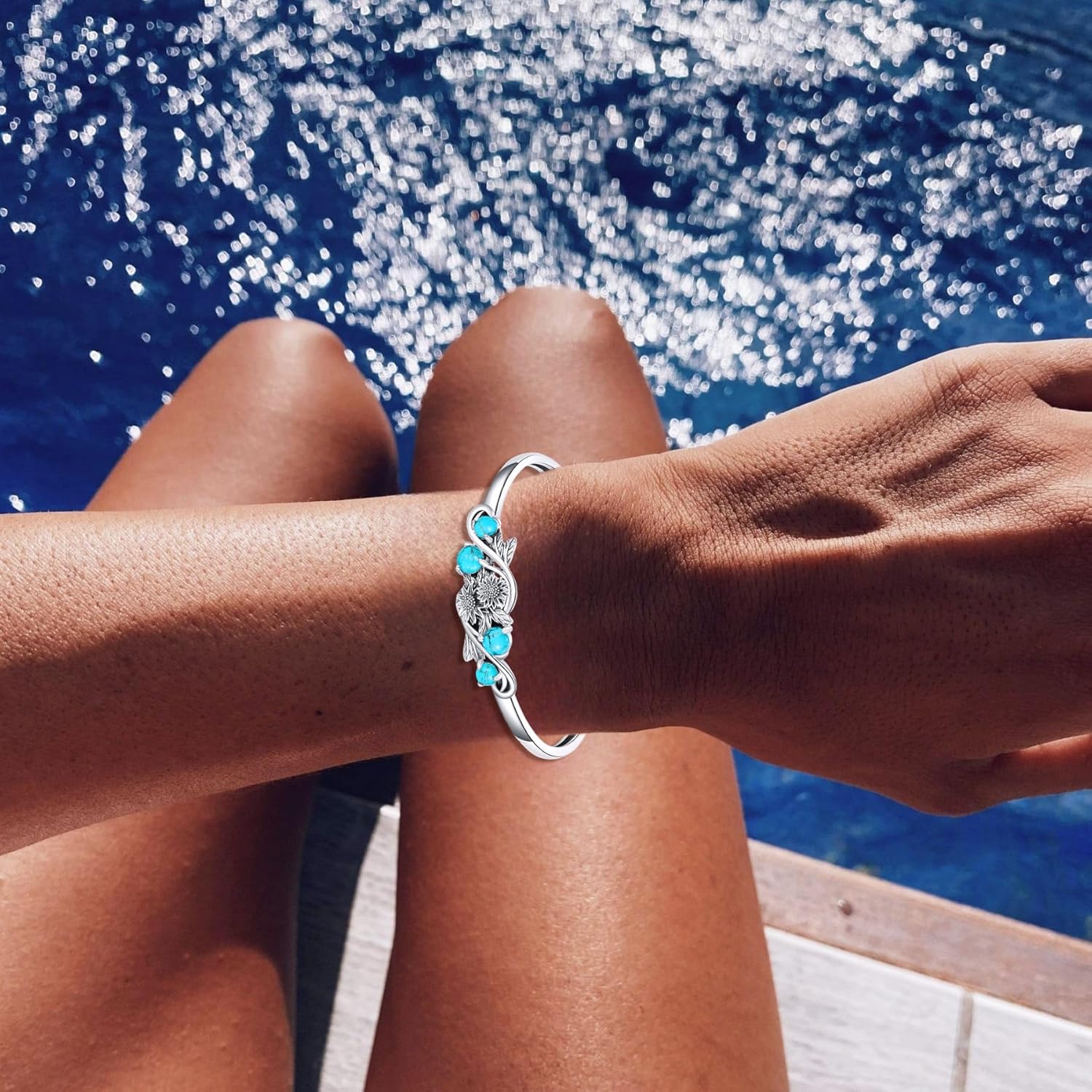 Genuine Turquoise Sunflower Bracelet, Sterling Silver Boho Adjustable Cuff Bangle Native American Jewelry for Women, Fit for 6.5 7 7.5 Inches