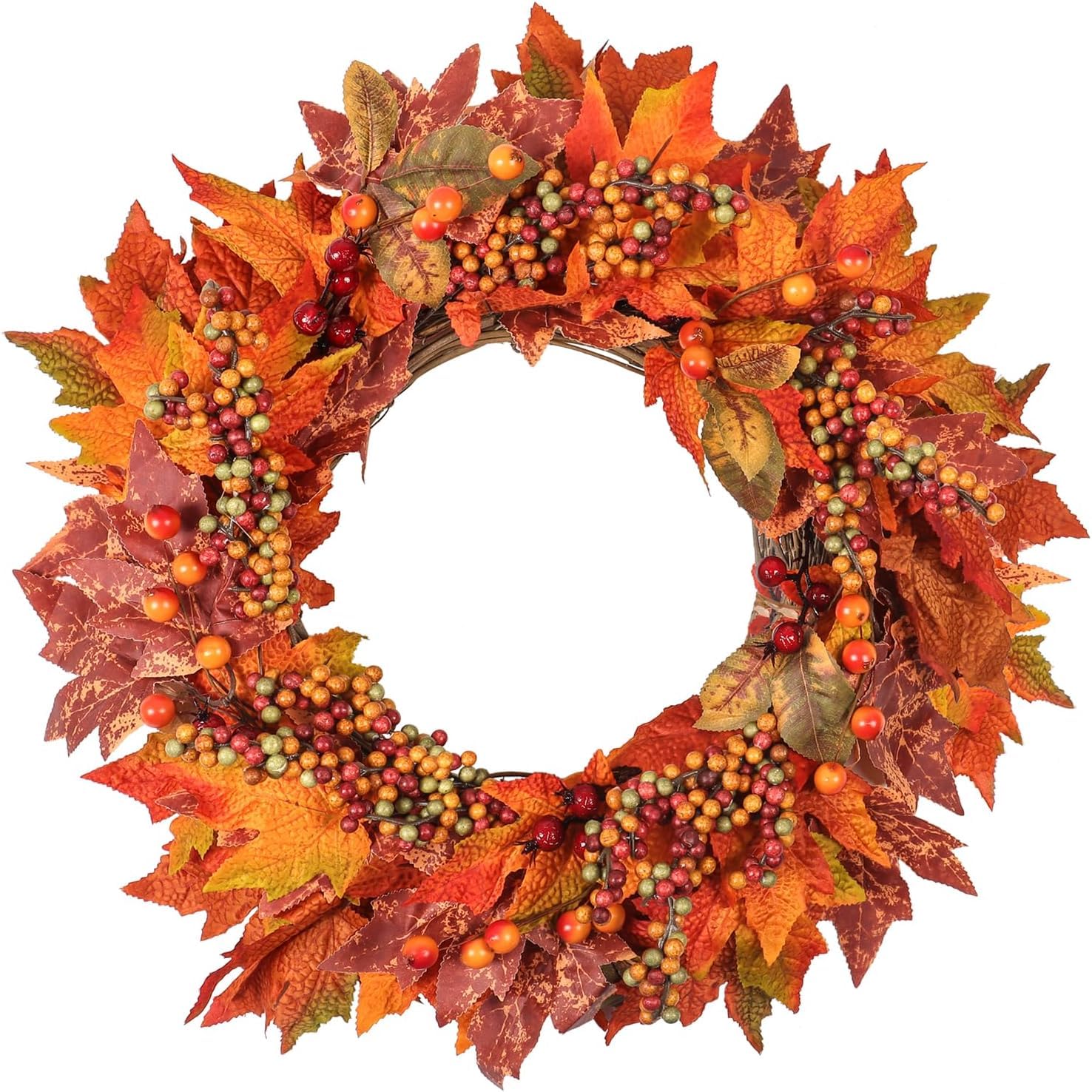 Weldomcor 50cm Groß TüRkranz Herbst, Herbstkranz Haustür mit Beeren Ahornblätter Herbstdeko für Innen Haustür Mantel Outdoor Türen Wand Bauernhof Garten Hochzeiten Parties Festival Dekor(Orange)