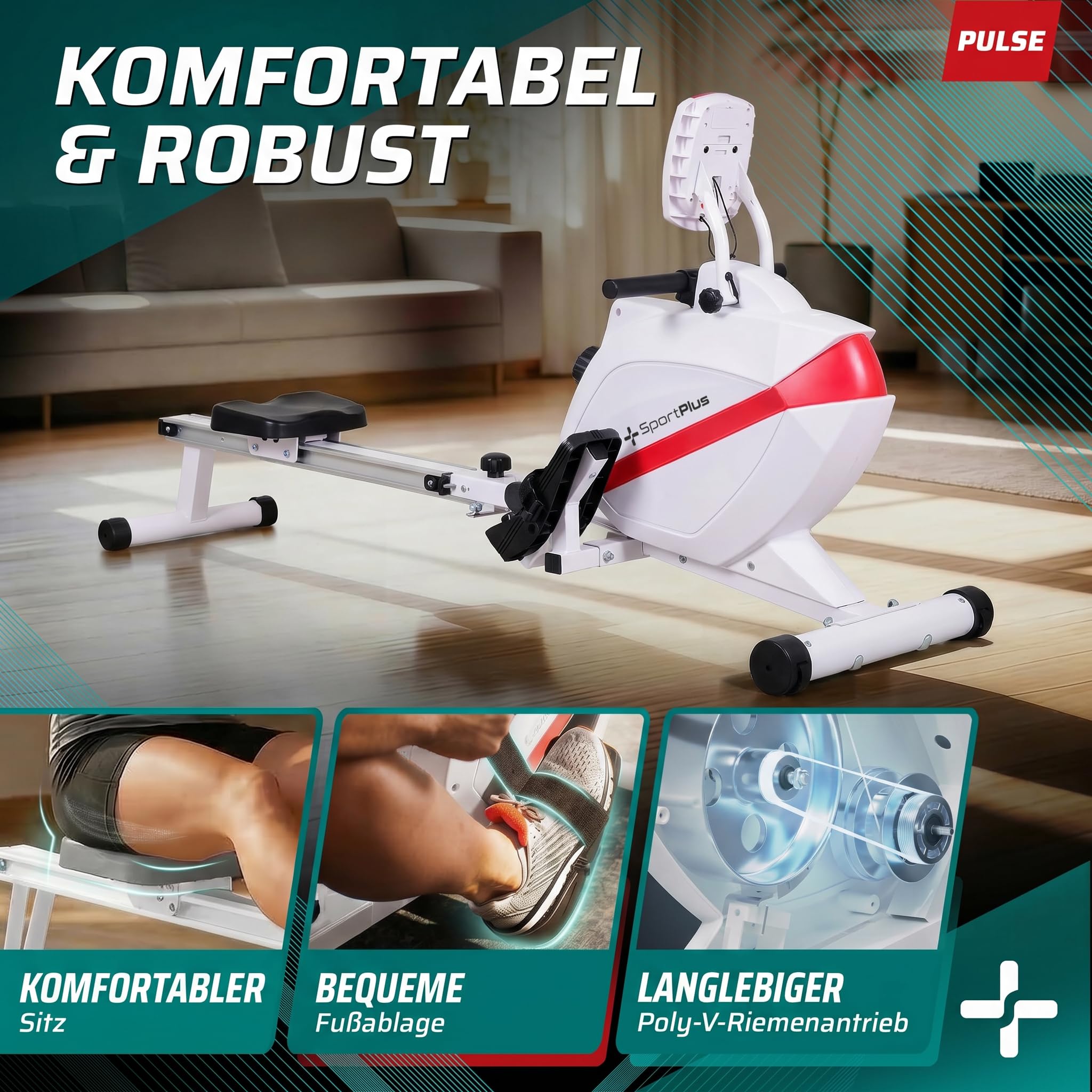 SportPlus Rudergerät für zuhause klappbar - Designed IN Germany - Für Einsteiger & Fortgeschrittene - Rudermaschine Magnetwiederstand Extra Leise, klappbar & platzsparend bis 150kg