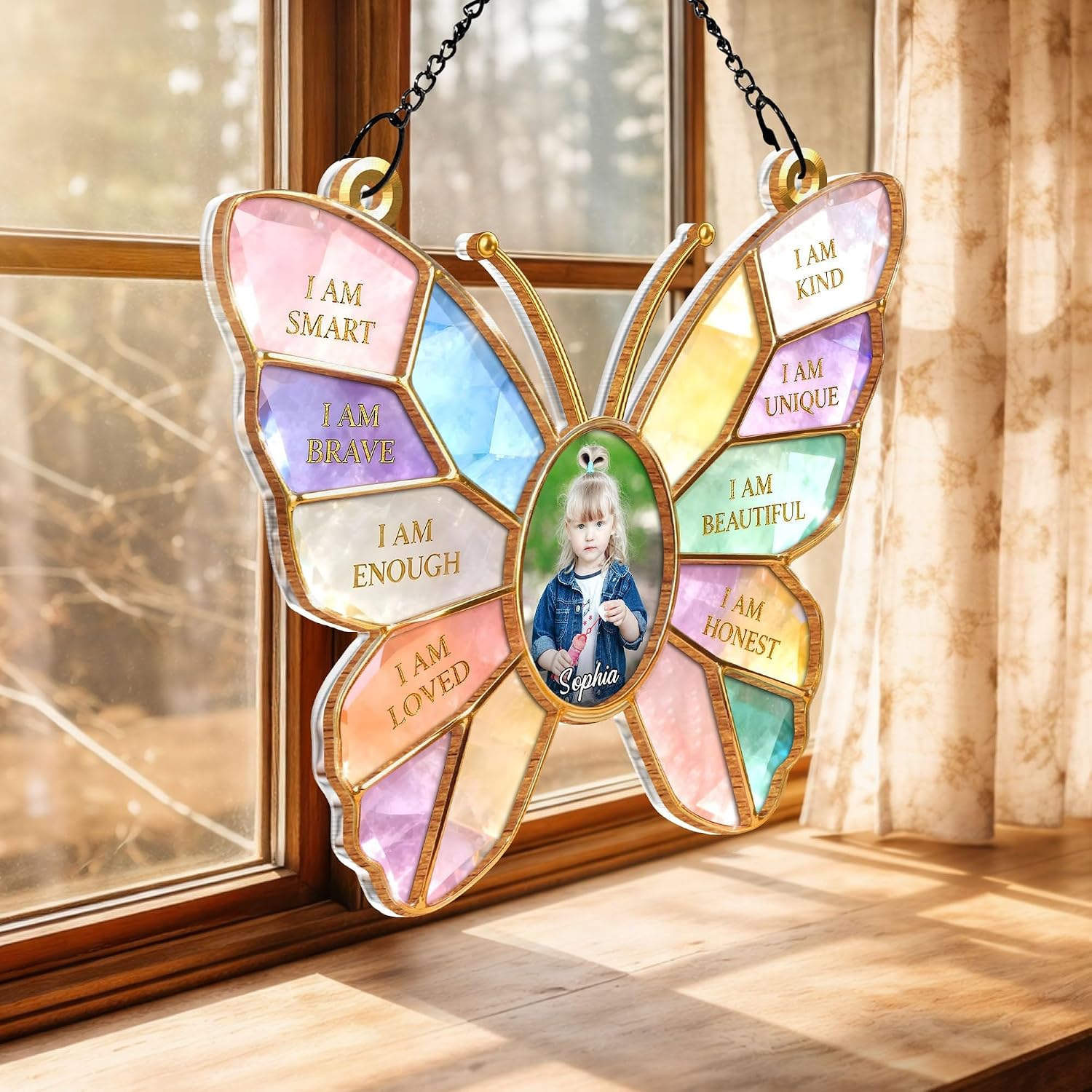 I Am Smart Kind Brave Butterfly Affirmations, Personalized Suncatcher Custom Name Positive Wall Window Hanging Ornament Cute Insect Stained Glass Alternative Nursery Decor Girls Gift image 5