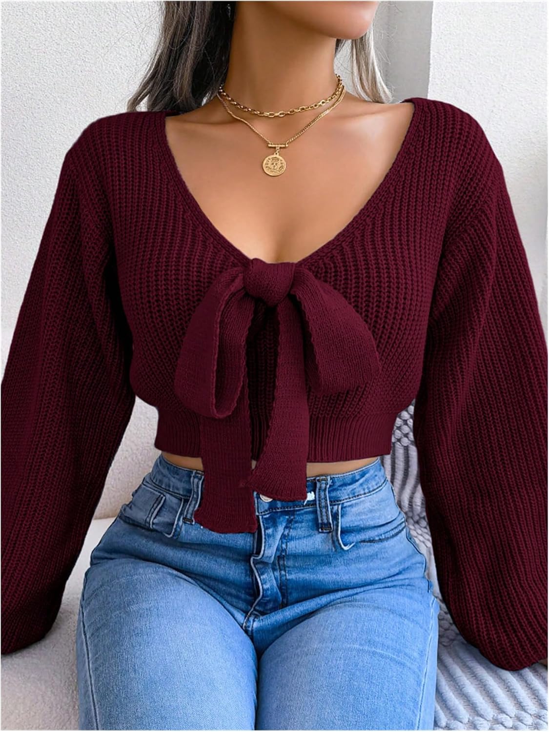 WDIRARA Women's Bow Tie V Neck Crop Sweater Long Sleeve Knit Pullover Tops Knitwear - Image 3