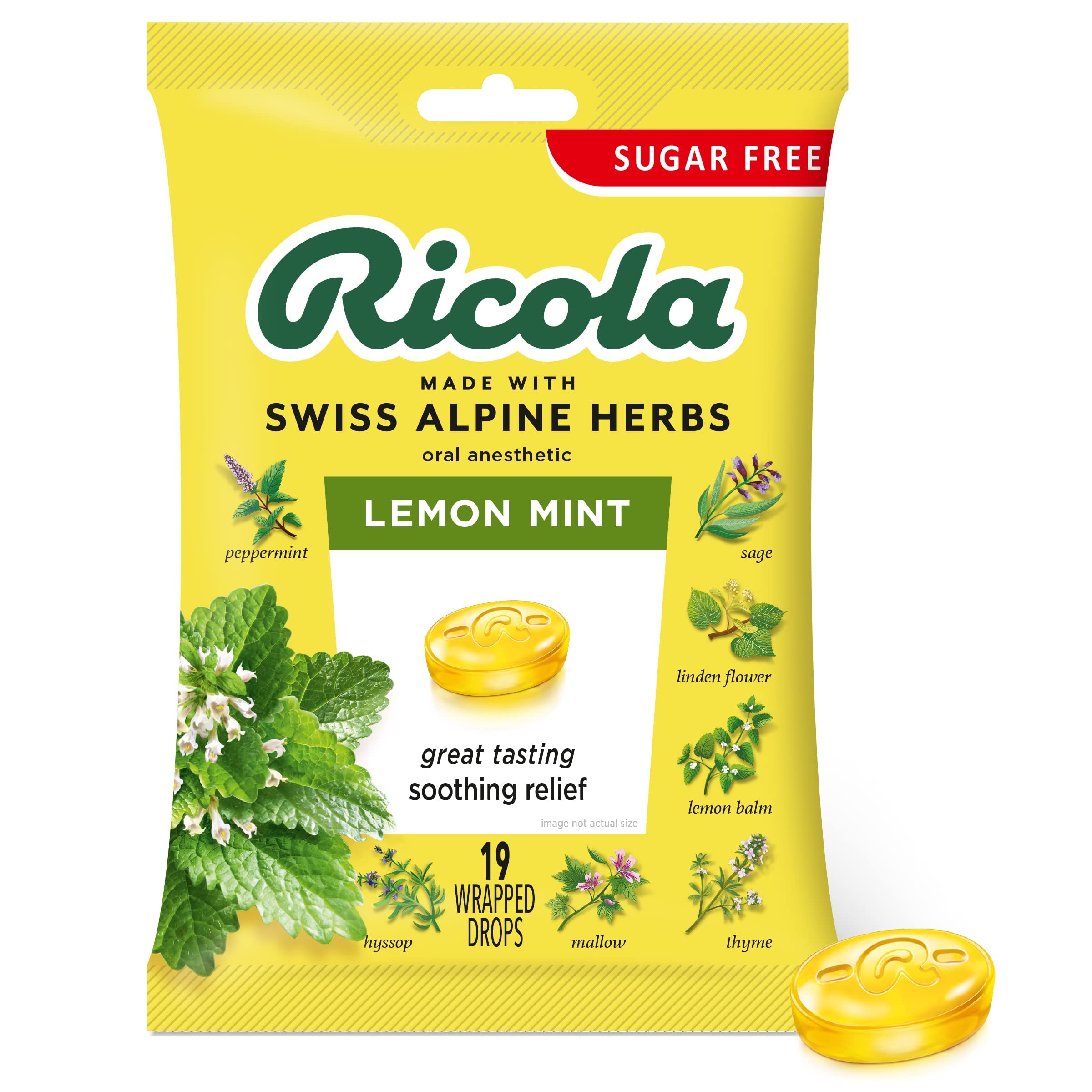 Ricola Sugar Free Lemon Mint Herbal Cough Suppressant Throat Drops, 19ct Bag
