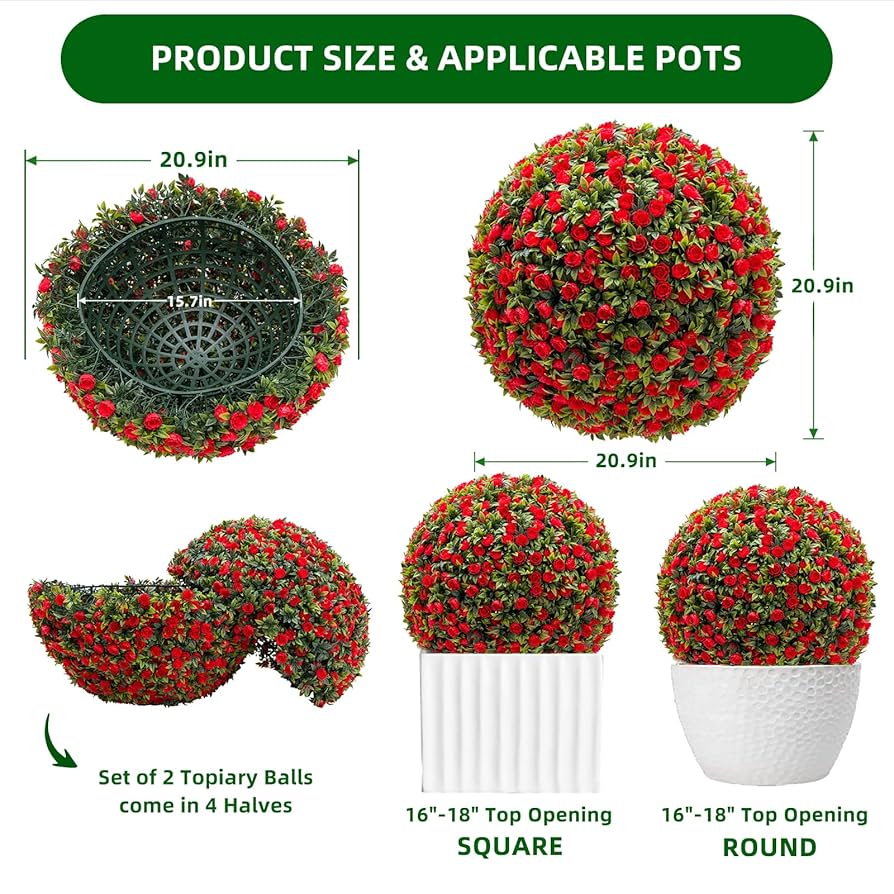24 Inch Garden Mile Artificial Topiary Ball Hanging Fake Flowers Red Roses Faux Floral Ball With Hanging 3 Way Chain Garden Outdoor Decoration Red Artificial Flower Ball