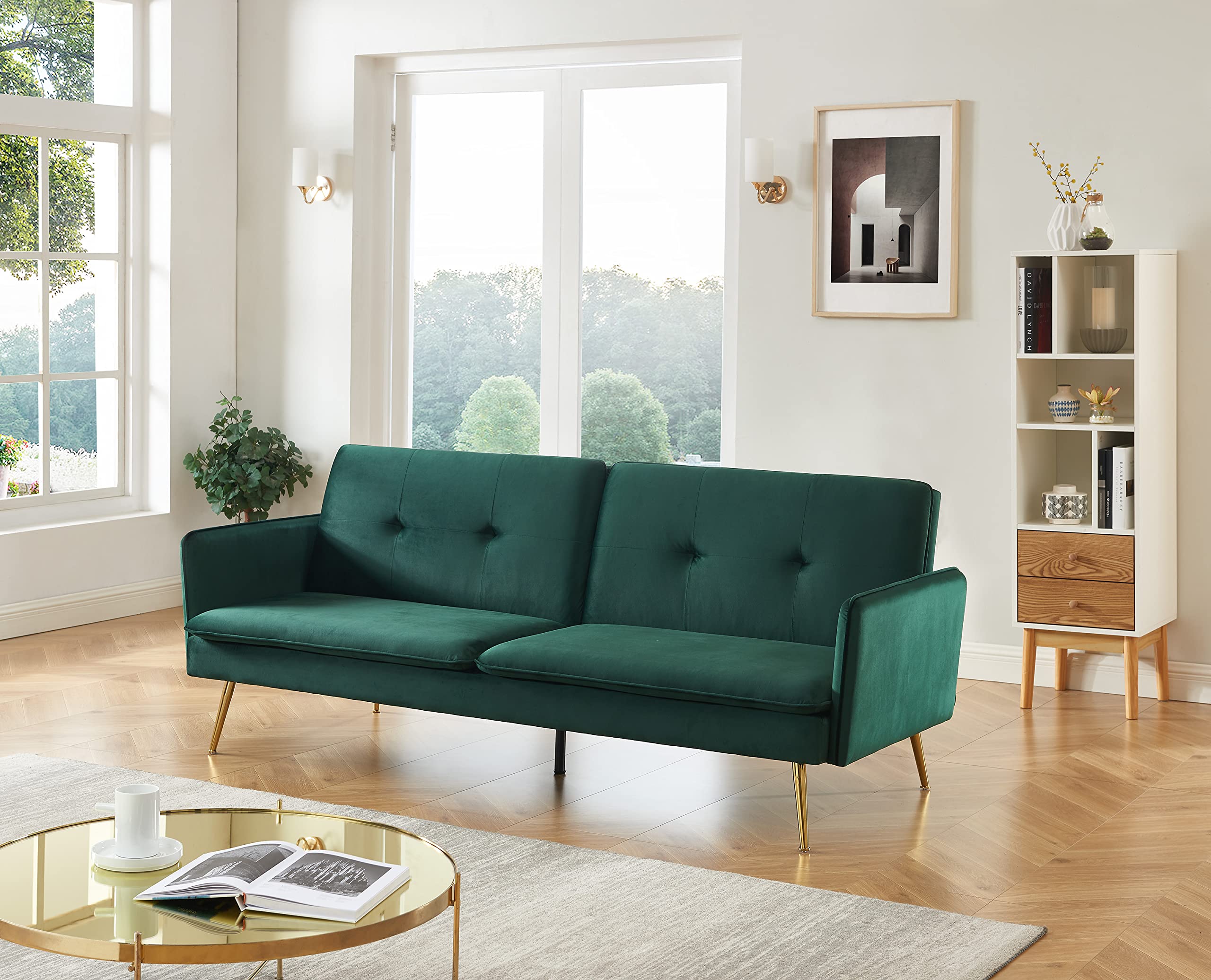 BAÏTA Adam - Divano dritto convertibile a 3 posti, in velluto, verde, 203,5 x 87,5 x 82 cm