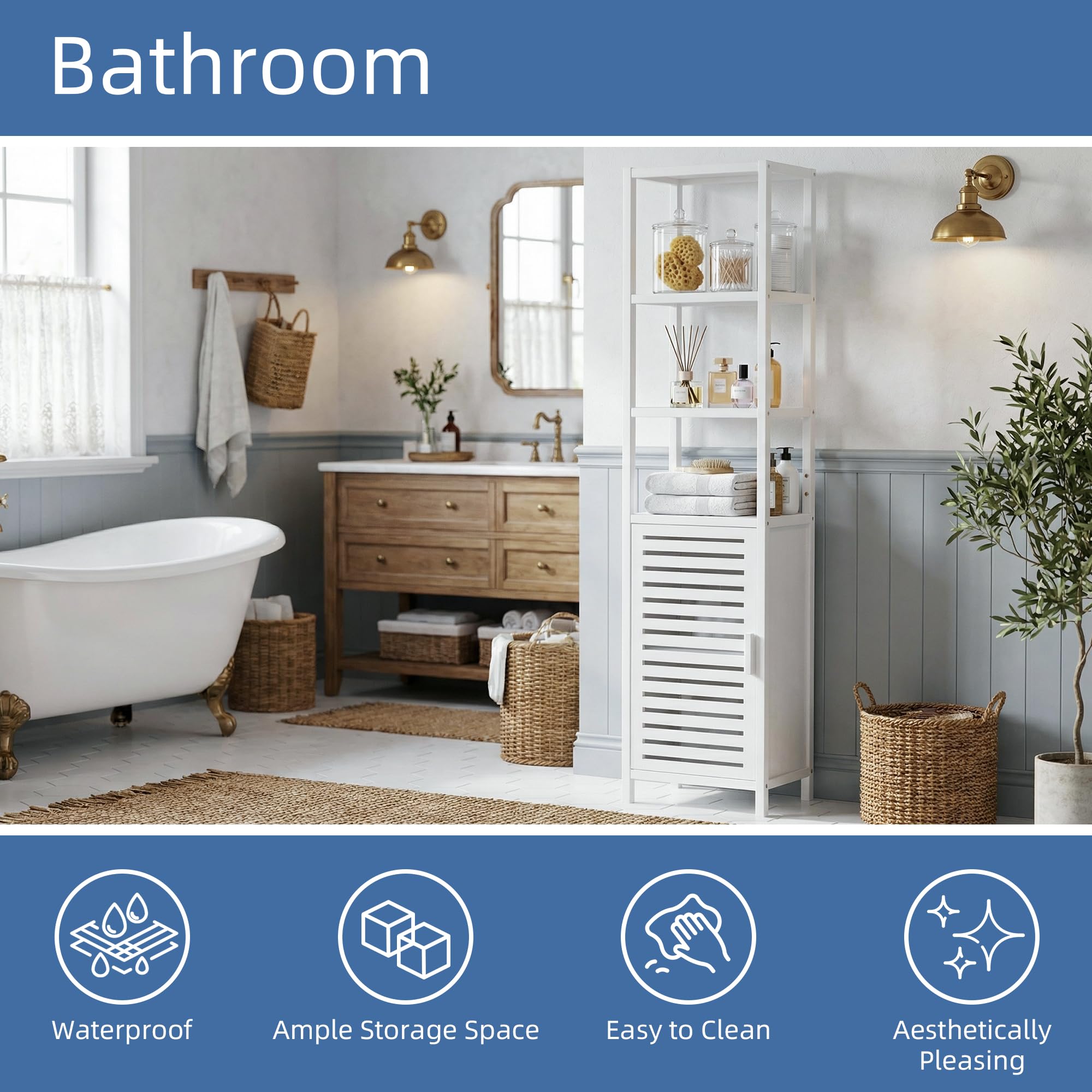 HITNET Mobile da Bagno Bianco, Armadio Colonna bagno in Bambù, Mobiletto da Bagno Salvaspazio con Ripiani Regolabili, per Piccoli Spazi