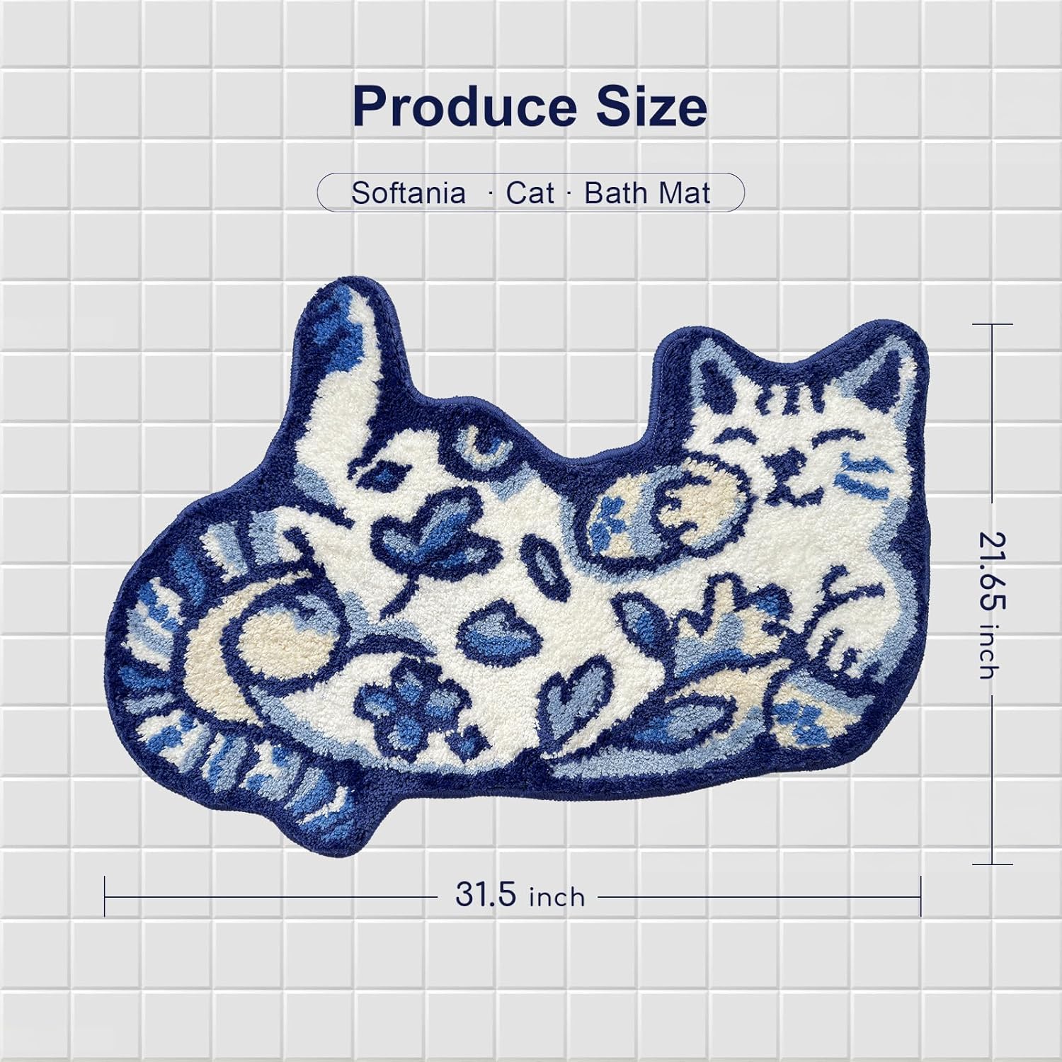 Blue Delft Cat Rug - Cute Cat Bathroom Rug Super Absorbent & Non-Slip Bath Mat, Soft Fuzzy Cute Mat for Small Bathroom or Shower Floor