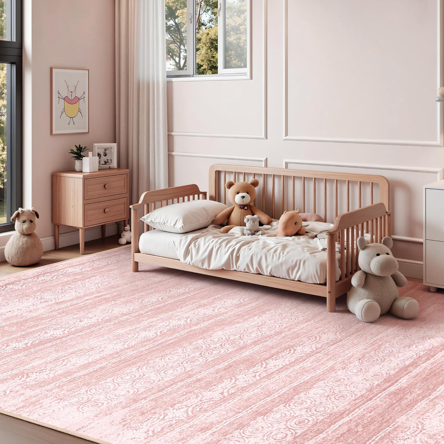 Baby Girl Nursery Rug - 9x12 Abstract Cute Modern Washable Boho Area Rugs, Skin-Friendly Foldable Rug for Kids Playroom (Blush Pink,9'x12')