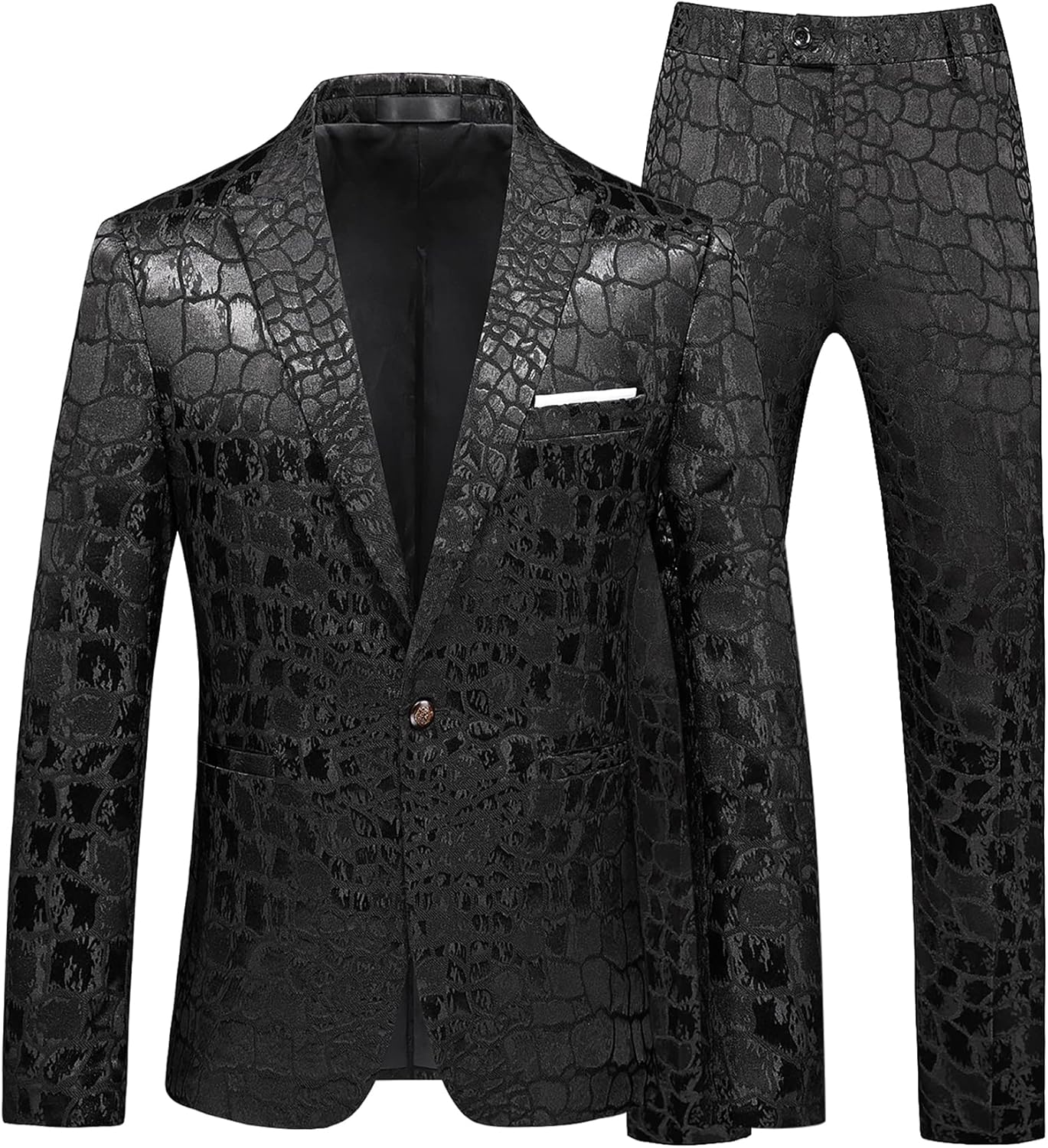 MOGU Mens 2 Piece Double Breasted Suit Jacquard Slim Fit Formal Groomsmen Wedding Party Black Tuxedo