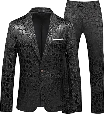 MOGU Mens 2 Piece Double Breasted Suit Jacquard Slim Fit Formal Groomsmen Wedding Party Black Tuxedo