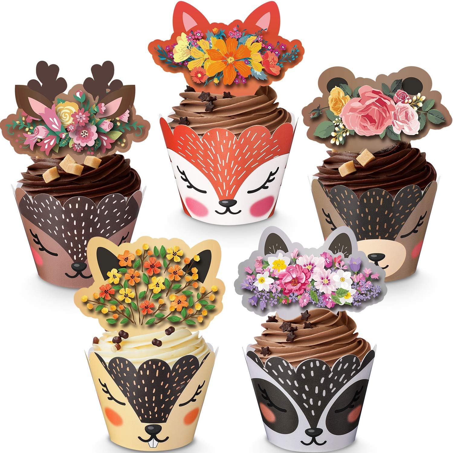 Blulu 60 Pieces Woodland Cupcake Wrappers and Forest Animal Toppers for Wild One Birthday Party Decoration Baby Shower Supplies (Deer, Fox, Squirrel, Bear and Raccoon)