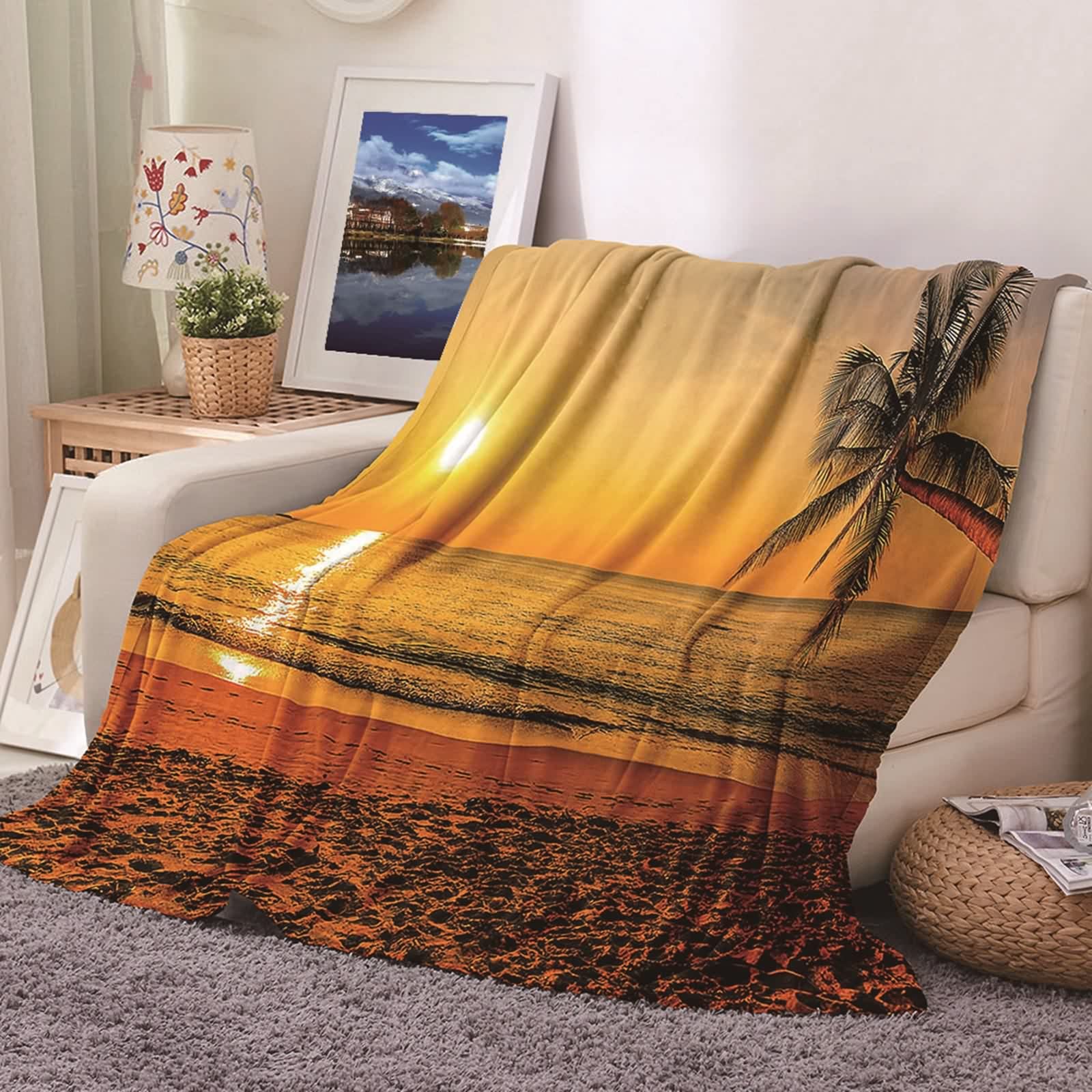 Plaid Polaire Flannel KnSam Couverture Chaude 100x150cm pour Canapé et Chambre Motif Soleil