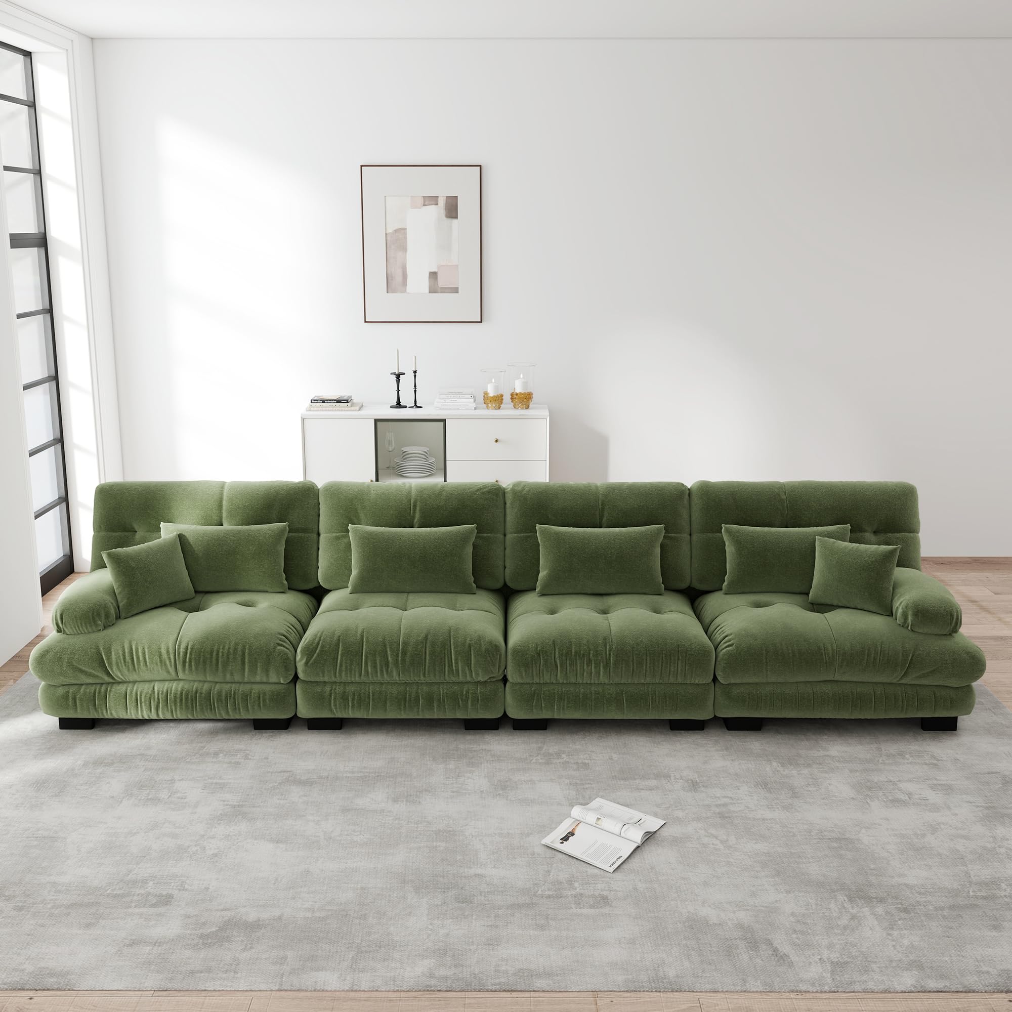 Sofá esquinero modular de 4 plazas, color verde, asiento extra profundo, sofá cama acolchado, funda de chenilla, cómodo para familias numerosas y habitaciones