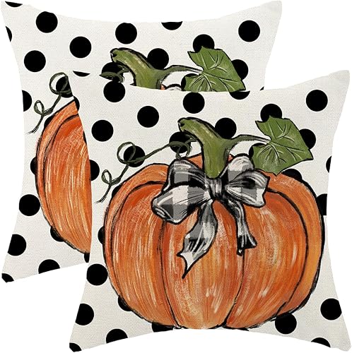 Gohdiwh Juego de 2 fundas de almohada decorativas de otoño de 16 x 16 pulgadas, diseño de calabaza naranja de lunares, fundas decorativas de lino