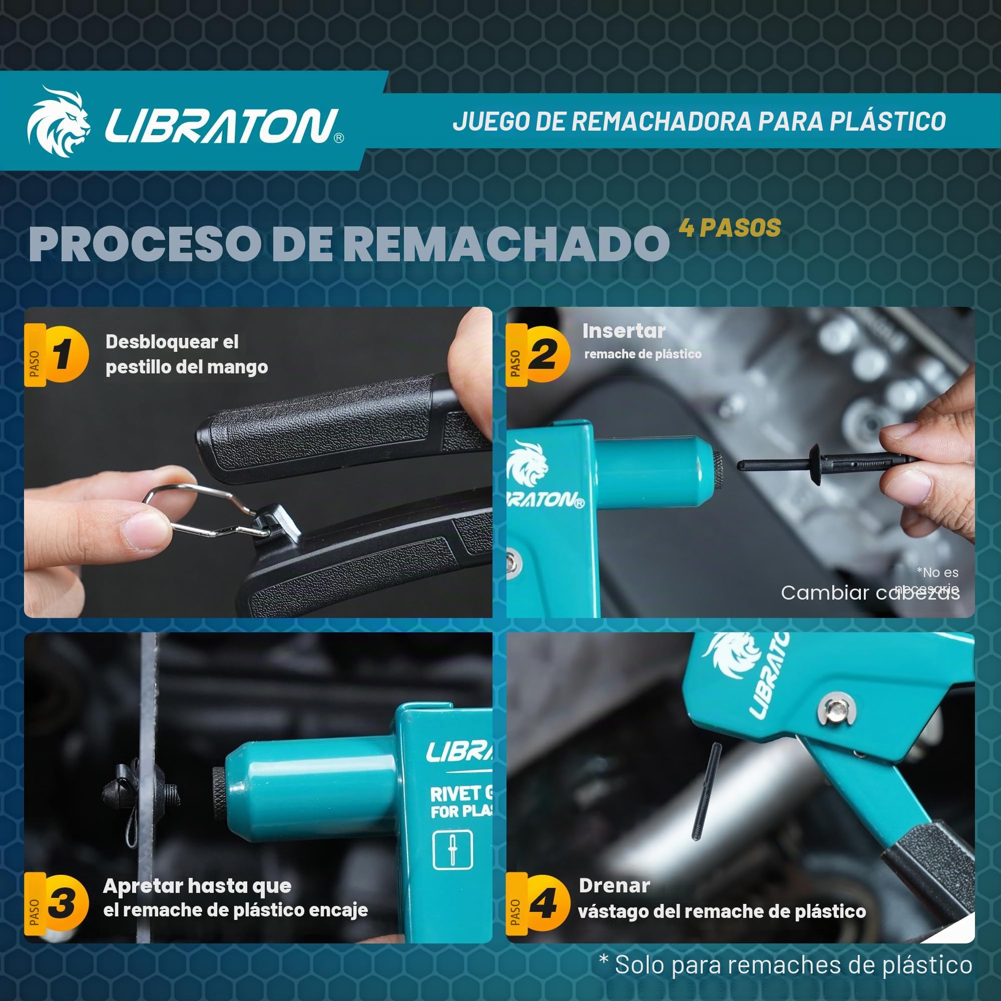 LIBRATON - Kit de pistola remachadora de plástico, remachadora manual de 90 grados con 40 remaches de nylon (4 tamaños), punta universal para automoción/electrónica, ergonómica y con un 50% menos de