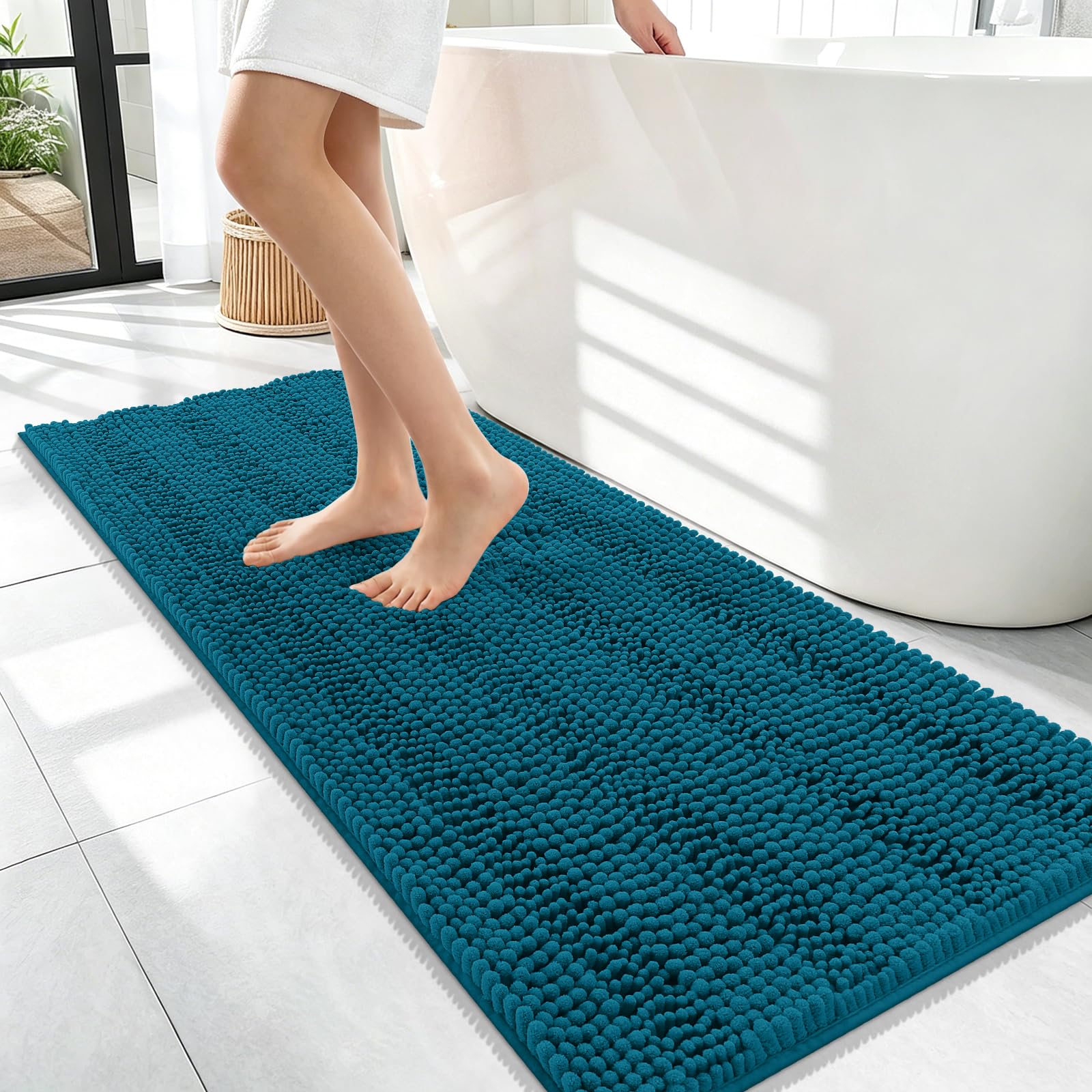 OLANLY Thick Bathroom Runner Rugs 47x17, Chenille Bath Rugs, Peacock Blue