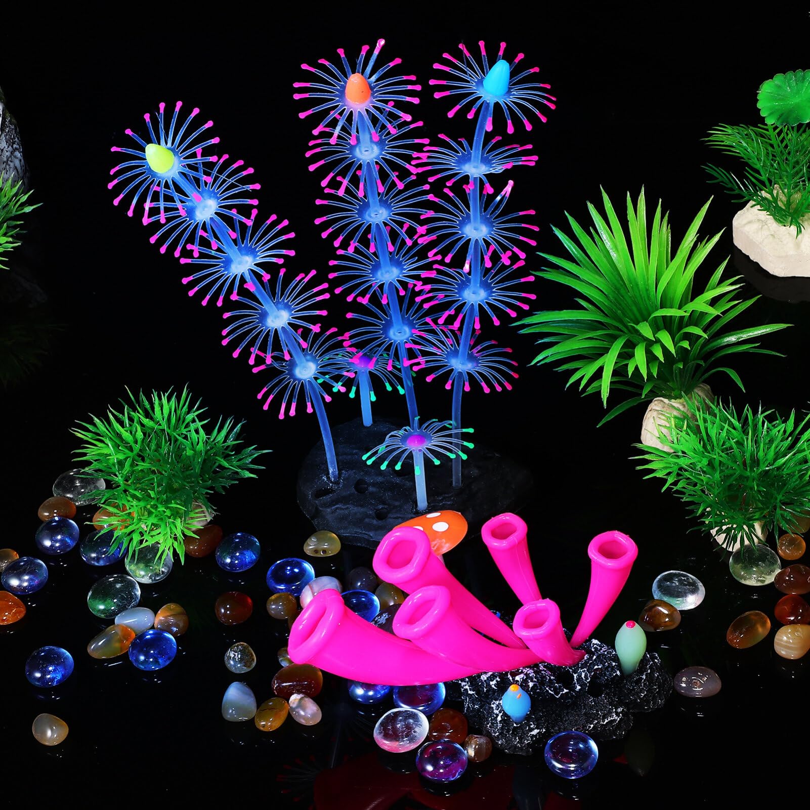 POPETPOP Glow in The Dark Fish Tank Decorations 2Pcs Artificial Coral Ornaments Silicone Aquarium Plants for Reef Decor