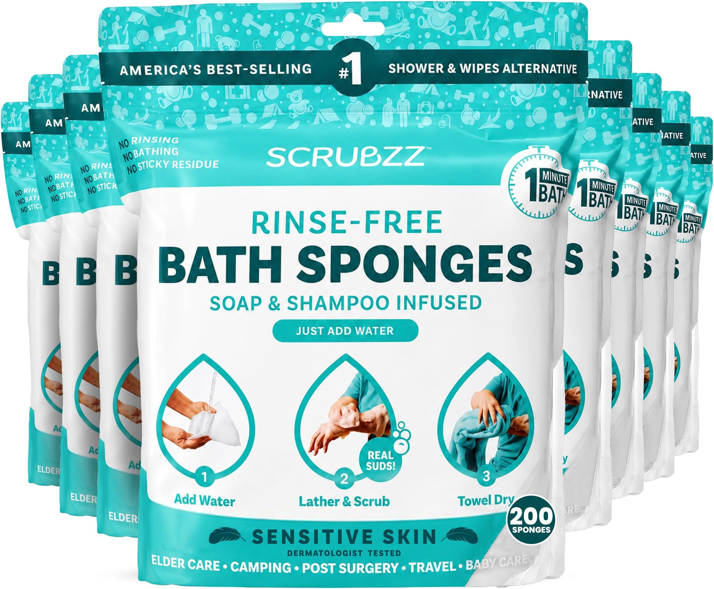 Scrubzz Disposable No Rinse Bathing Wipes for Sensitive Skin - All-in-1 Single Use Shower Wipes, Simply Dampen, Lather, and Dry Without Shampoo or Rinsing (Sensitive Skin, 8-Pack)