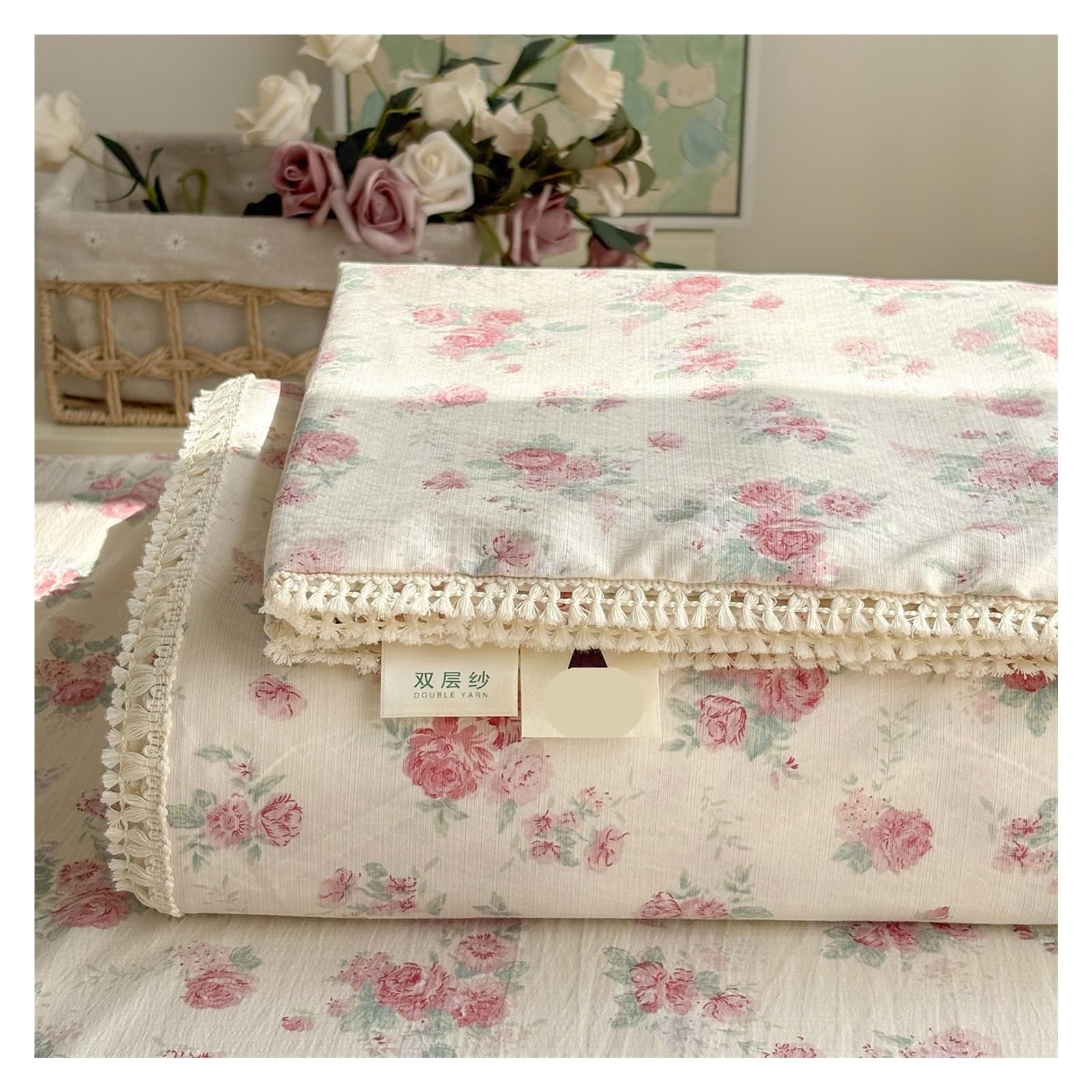 Spring Summer Floral Print Double Gauze Bed Sheet With Fringe Lace Trim(Manrou,200x230cm Twin)