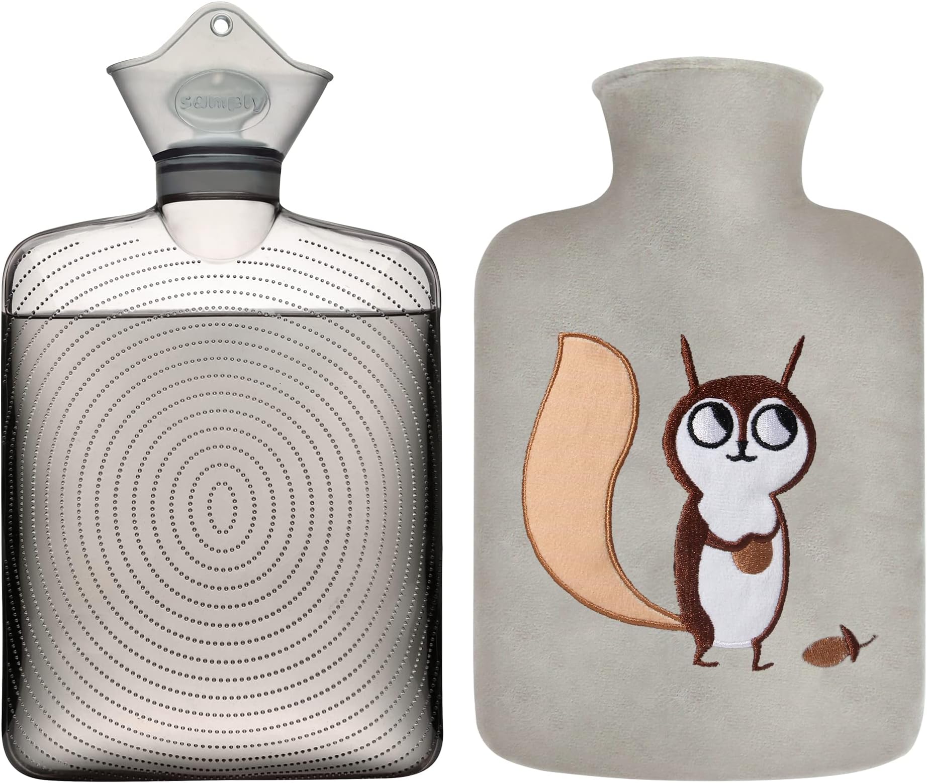 samply Hot Water Bottle with Cute Animal Cover, 2L Hot Water Bag for Hot and Cold Compress, Hand Feet Warmer, Neck and Shoulder Pain Relief, Great Gift for Women or Children, Gray Squirrel