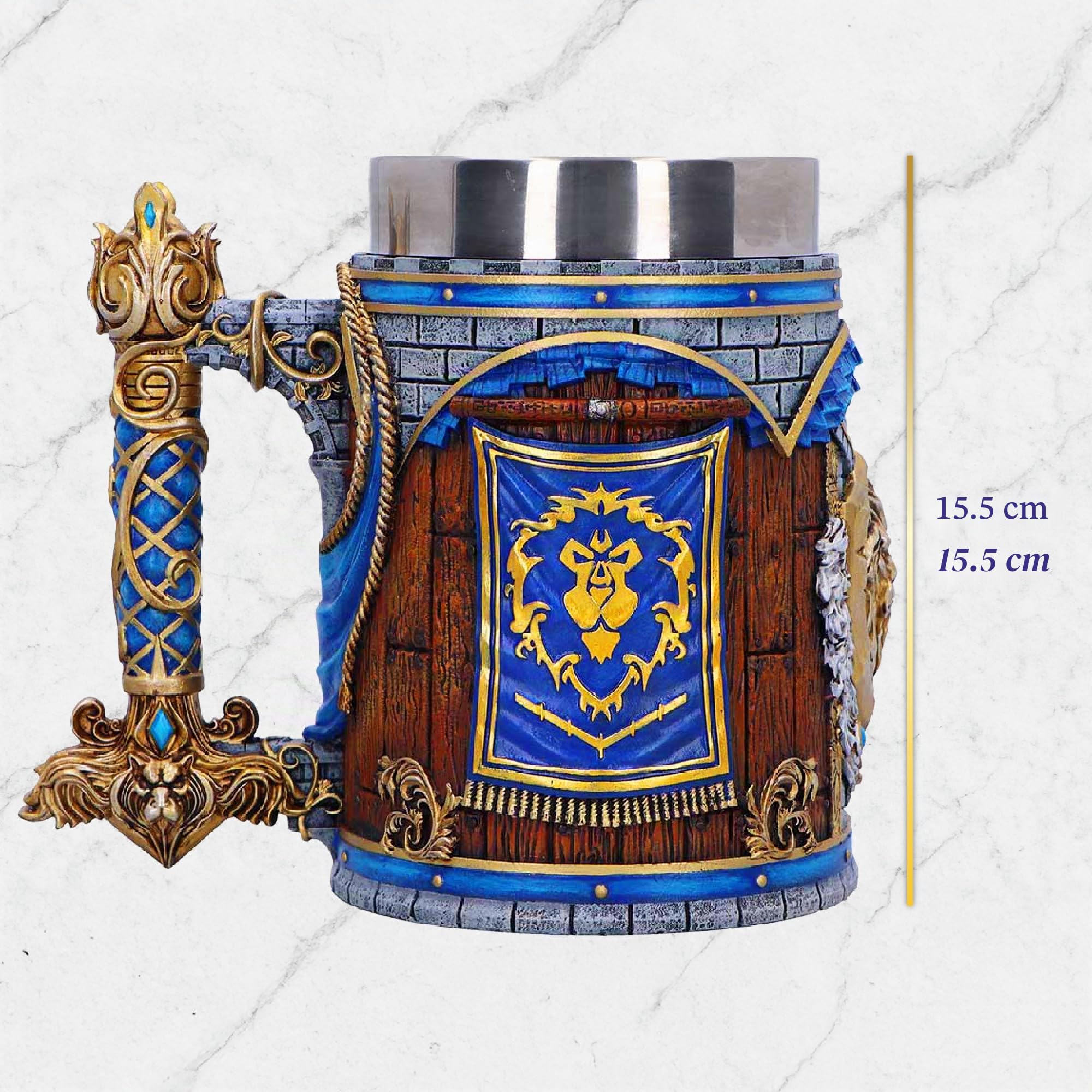 Nemesis Now Taza de Alianza World of Warcraft de 15.5 cm - Vajilla de bebida oficialmente licenciada de la Alianza con escudo, diseño de bandera e inserción de acero inoxidable