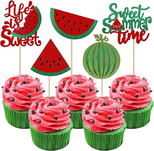 Rsstarxi Paquete de 30 adornos de sandía para cupcakes con purpurina dulce de verano con temática de frutas tropicales para cupcakes temáticos de