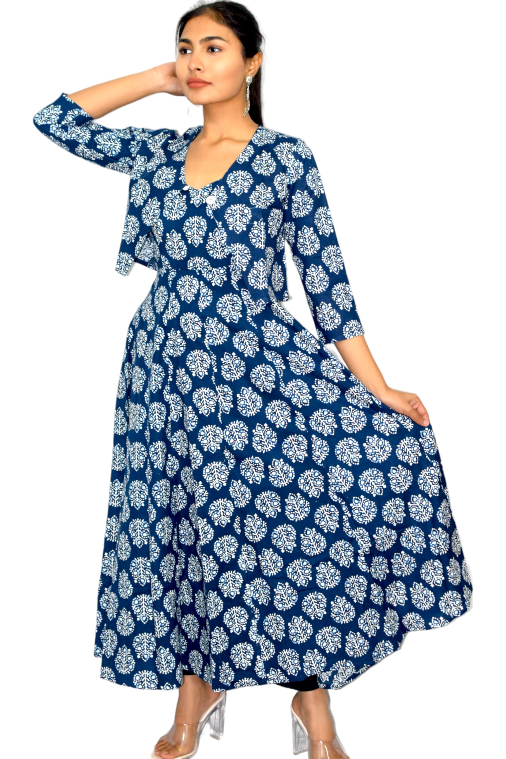 jaipur hand block Cotton Sleeveless Long Flared A Line Dress|Gown (S00063)-picture-28