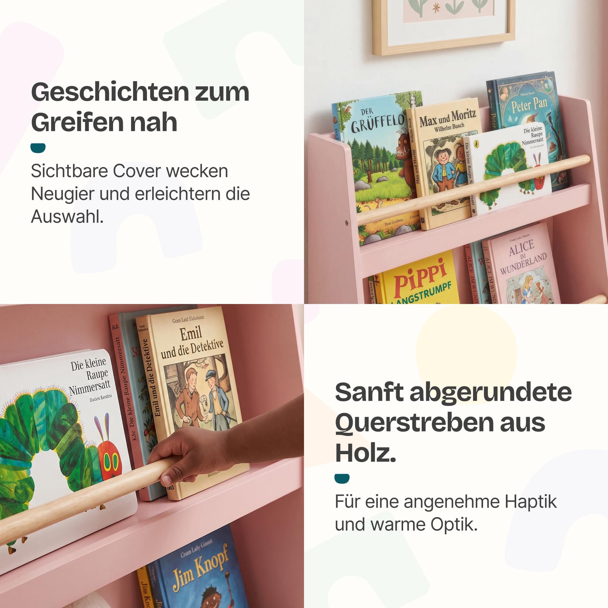 [en.casa] Kinder Bücherregal Virer Kinderregal mit 3 offenen Fächern Aufbewahrung Montessori Standregal 78 x 60 x 18 cm Kinderzimmeregal 3 Ebenen Rosa