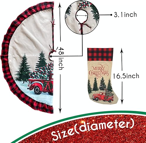 Miniatura 5 de ORTIGIA Falda de árbol de Navidad de 48 pulgadas, diseño de búfalo rojo y negro, falda de árbol de Navidad, borde con volantes, para granja,