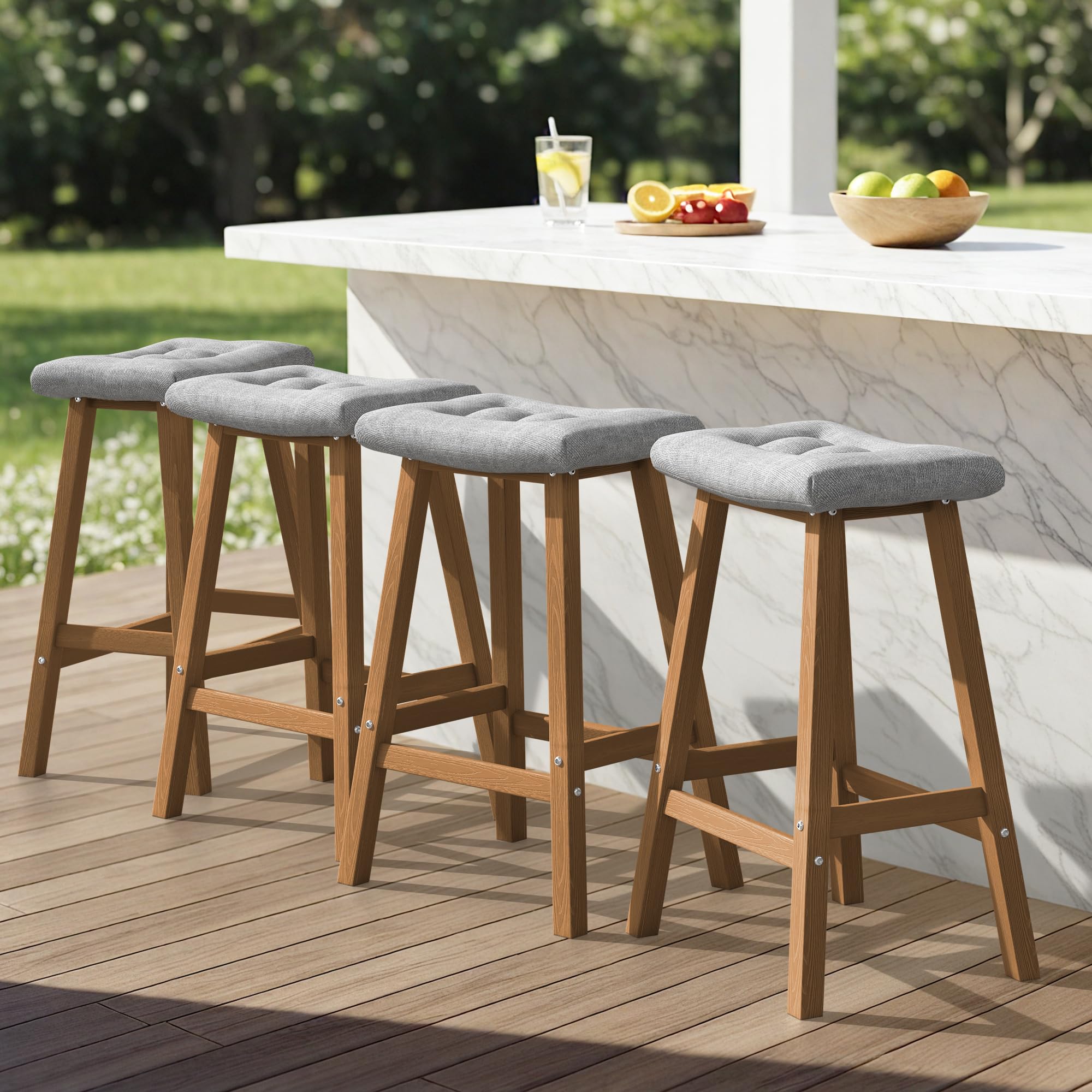 Ciokea 4 Set 29" Outdoor Bar Stools with Cushions, Heavy Duty HDPE Outdoor Stools Weatherproof Waterproof Patio Seats Modern Bar Height Tall BarStools for Bar Deck Balcony Kitchen Yard, Teak