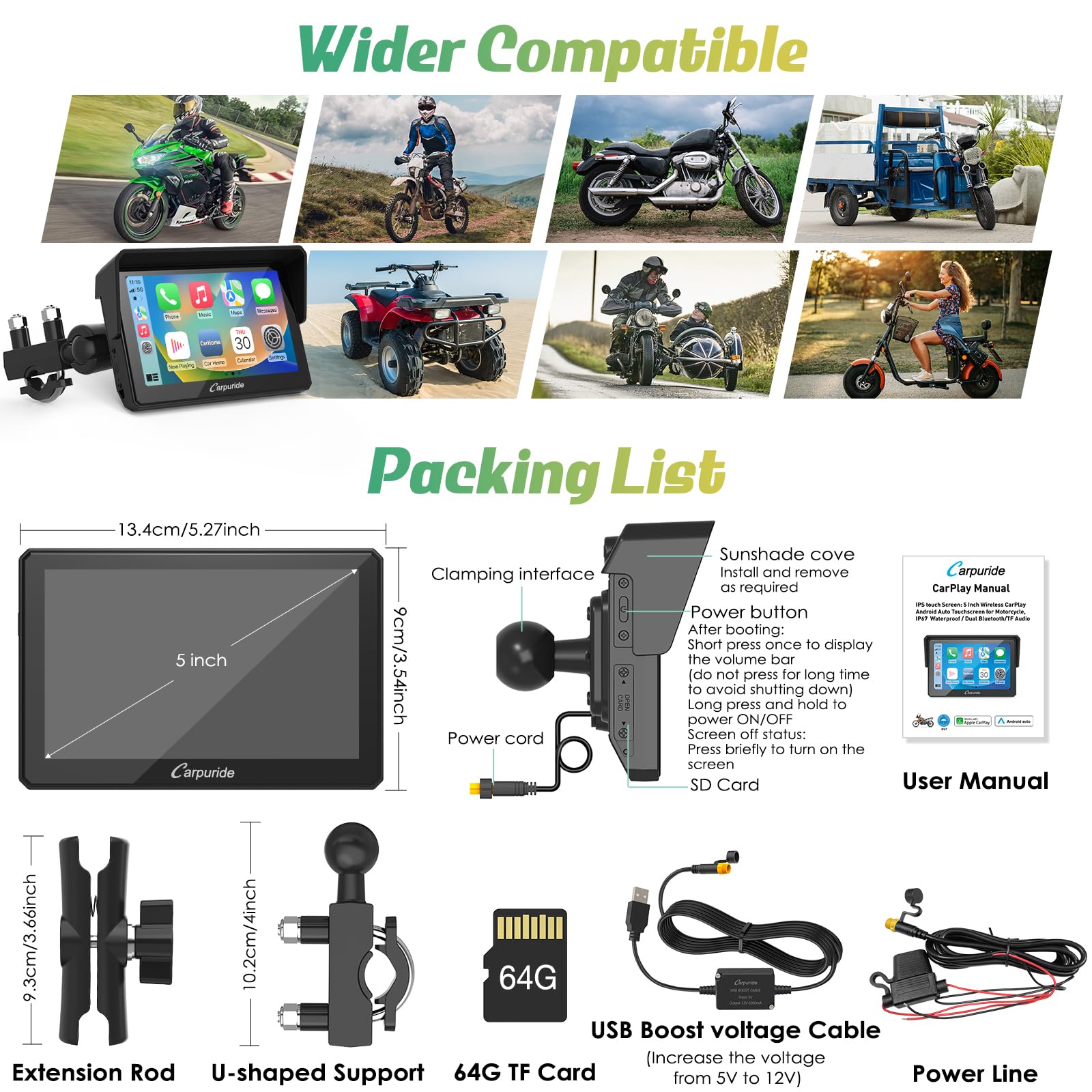 Carpuride W502 Stereo Portatile Senza Fili per Moto Doppio Bluetooth Impermeabile IP67, Schermo Carplay e Android Auto per Moto, Touch Screen da 5 pollici,TF 64G, Siri, G00gle,GPS