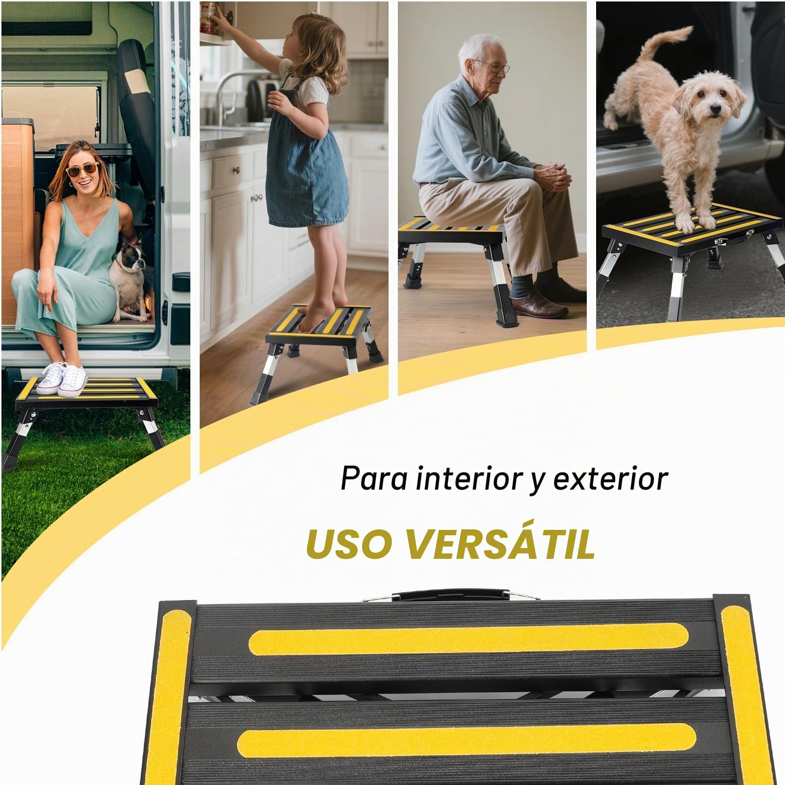 Taburete Plegable de Aluminio para Cocina, Baño, 42x30x3cm | Taburete Plegable con Alfombrilla Antideslizante, Altura Ajustable en 4 Niveles, Capacidad de Carga máxima de 250 kg Cam