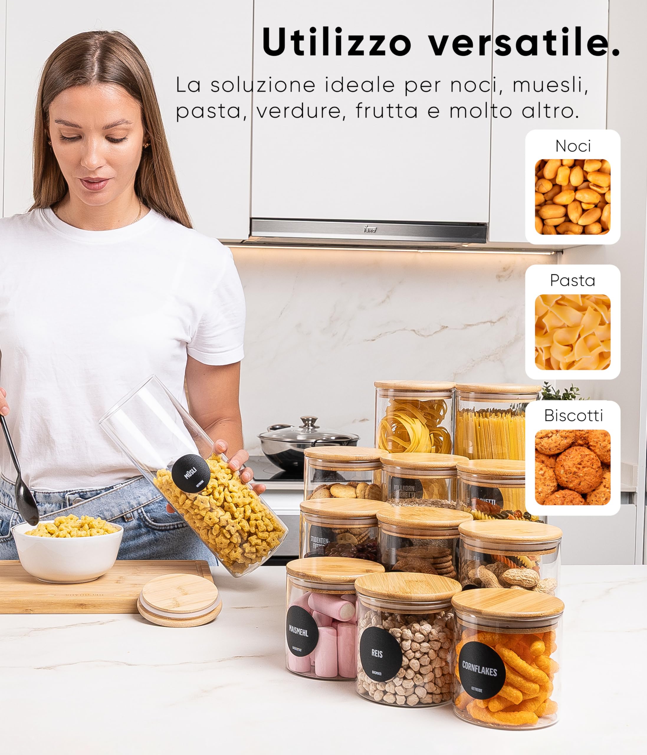 Deco haus Barattoli Vetro con Coperchio Legno Set di 8 [+ETICHETTE] - Contenitori Pasta Vetro - Contenitori Cucina - Porta pasta contenitore per Biscotti, Farina, Cereali, Spaghetti