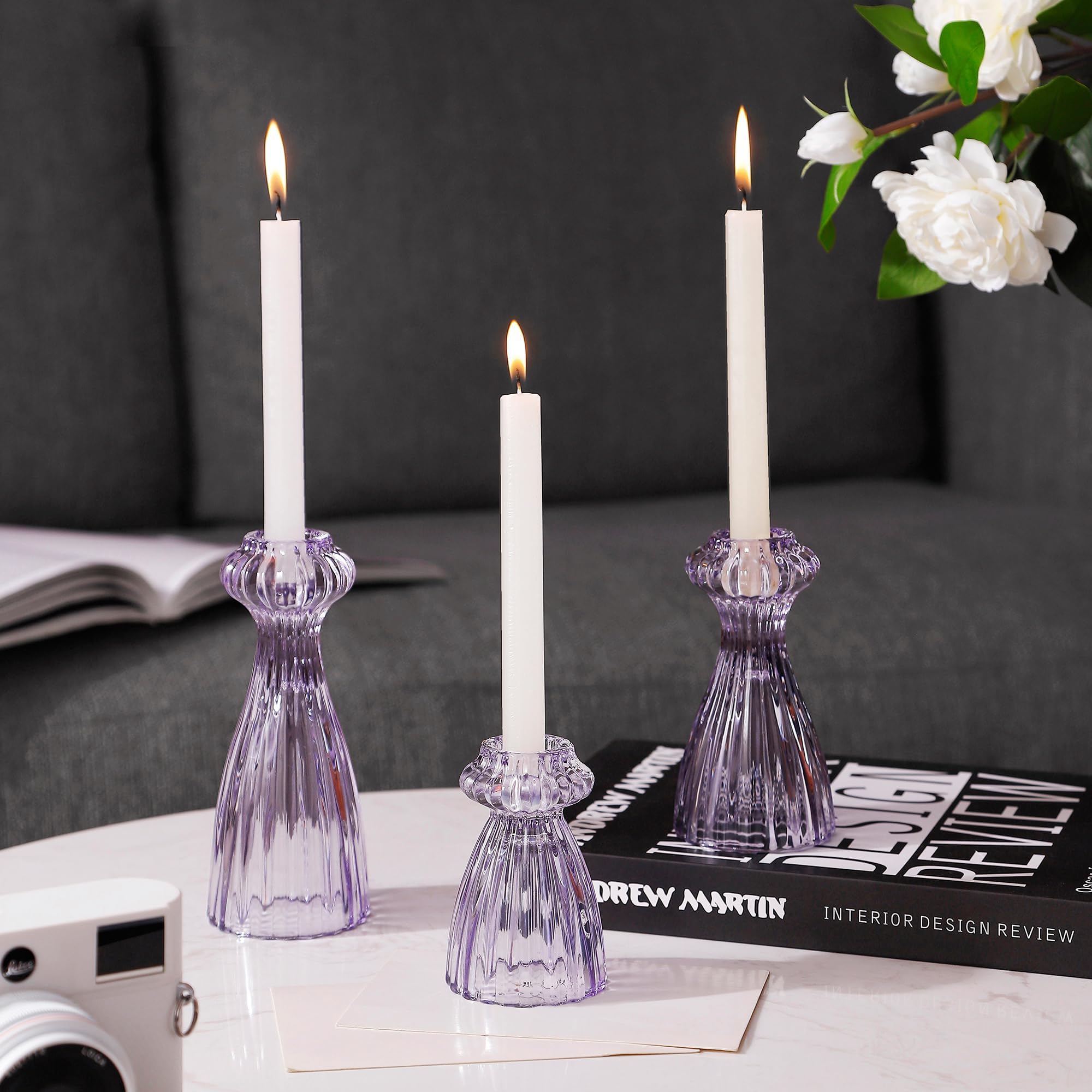 Lysenn Glass Candle Stick Holder Set of 3 – Premium Taper Candle Holders for Romantic Ambiance - Candle Sticks Holder Decor for Special Occasions - Purple