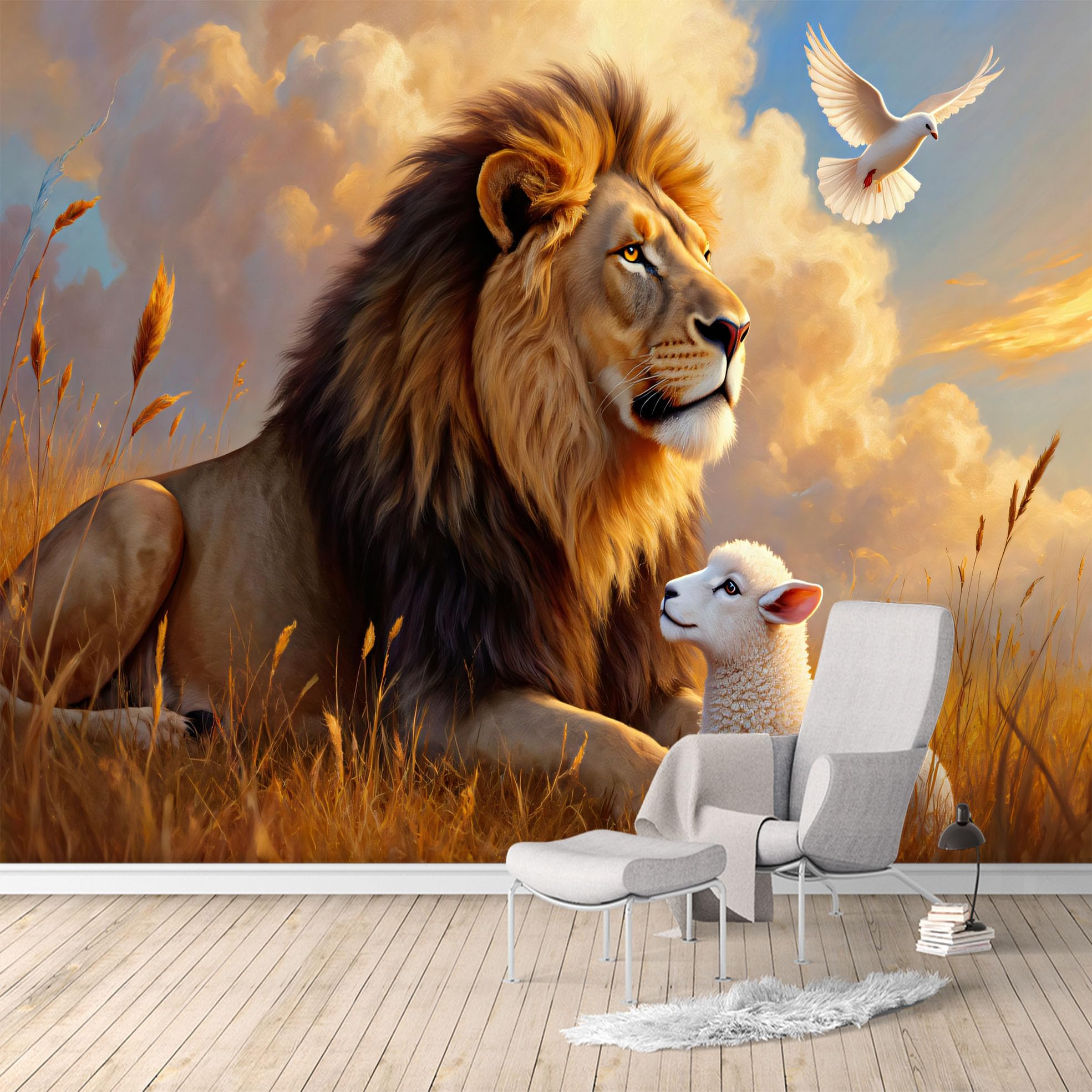 Custom Size Wall Murals,Majestic Lion and Lamb with Dove Golden Sunset Clouds,SelfAdhesive Water Activated Removable Wall Covering,Large Photo Wallpaper for Living Room Bedroom Office