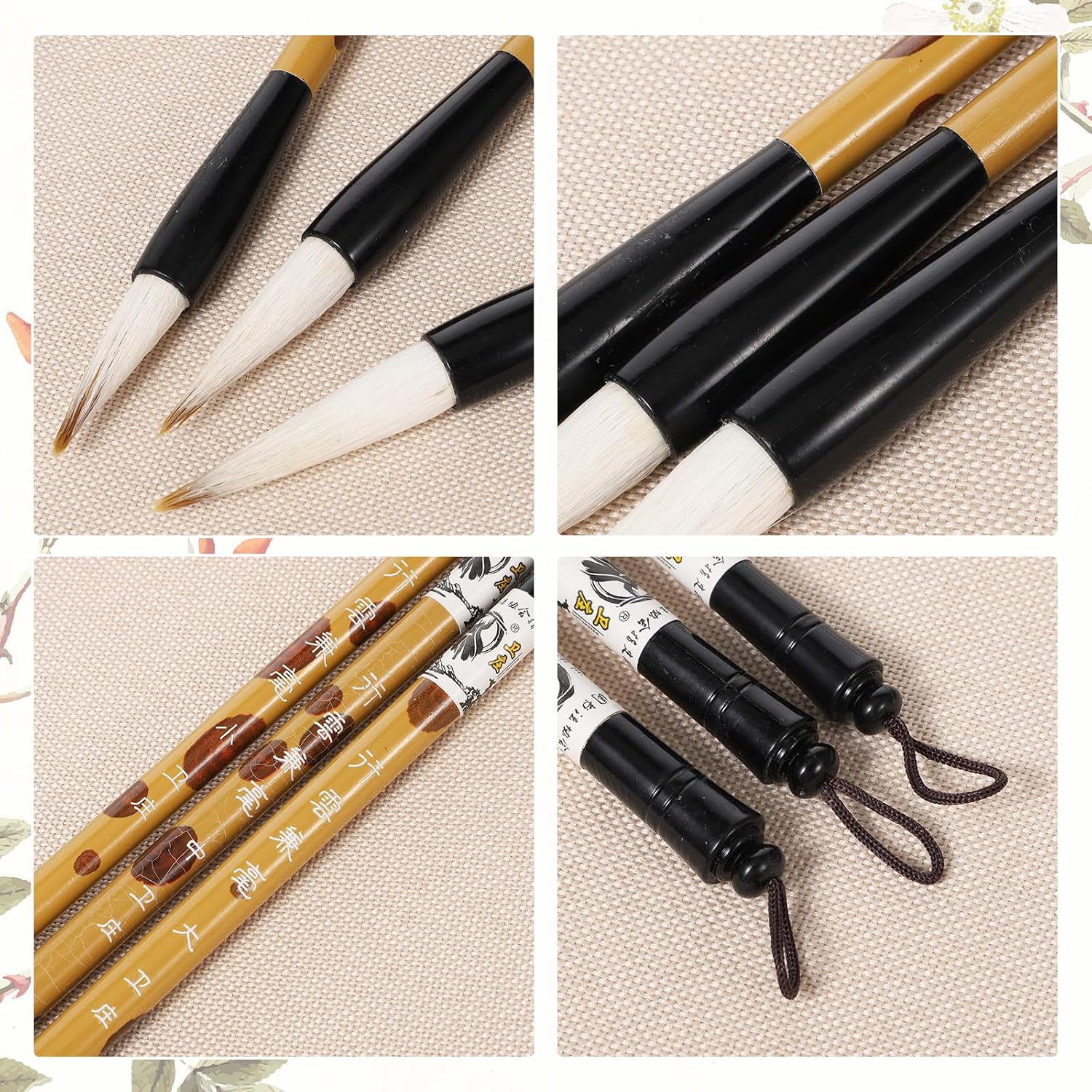 3 Sizes Chinese Calligraphy Brush Set, Traditional Chinese Writing Brushes Sumi Painting Brushes with Ink Dish Large Medium Small Bamboo Art Brush