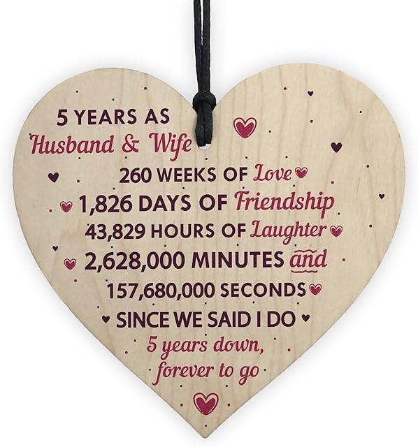 RED OCEAN 5th Wedding Anniversary Plaque Wooden Heart Five Year Wedding For Her Husband Wife Keepsake