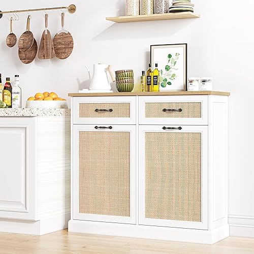 Miniatura 3 de IDEALHOUSE Gabinete de basura de ratán con doble inclinación, armario de basura oculto de 10 galones, armario de basura independiente para cocina,