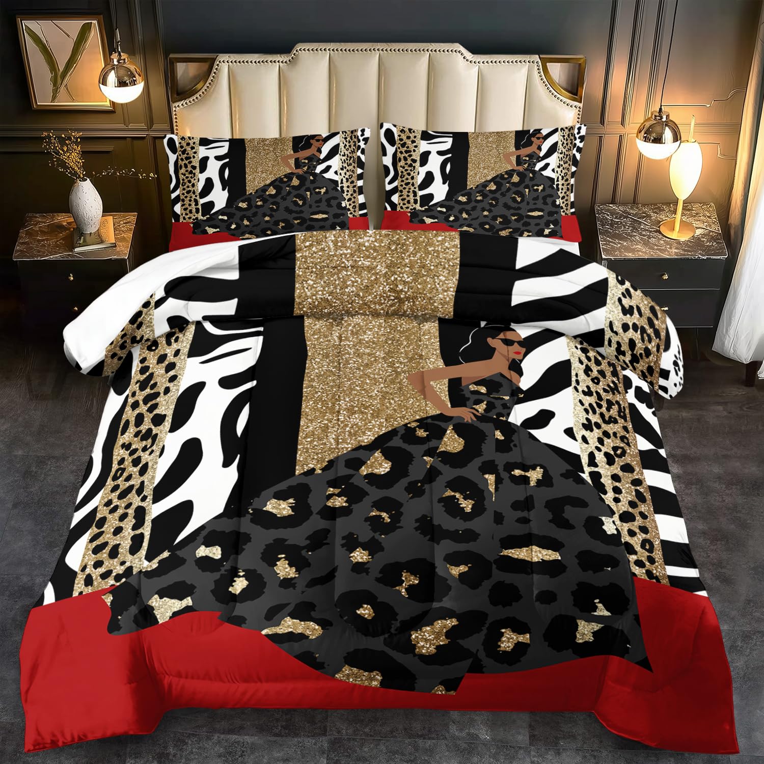 Leopard Print Comforter Set Full Girls Fashion Leopard Print Bedding Set for Women Black Girl Comforter Full Size Cheetah Stripe Bedding Quilt Animal Bedroom Decor Elegant Home Decor