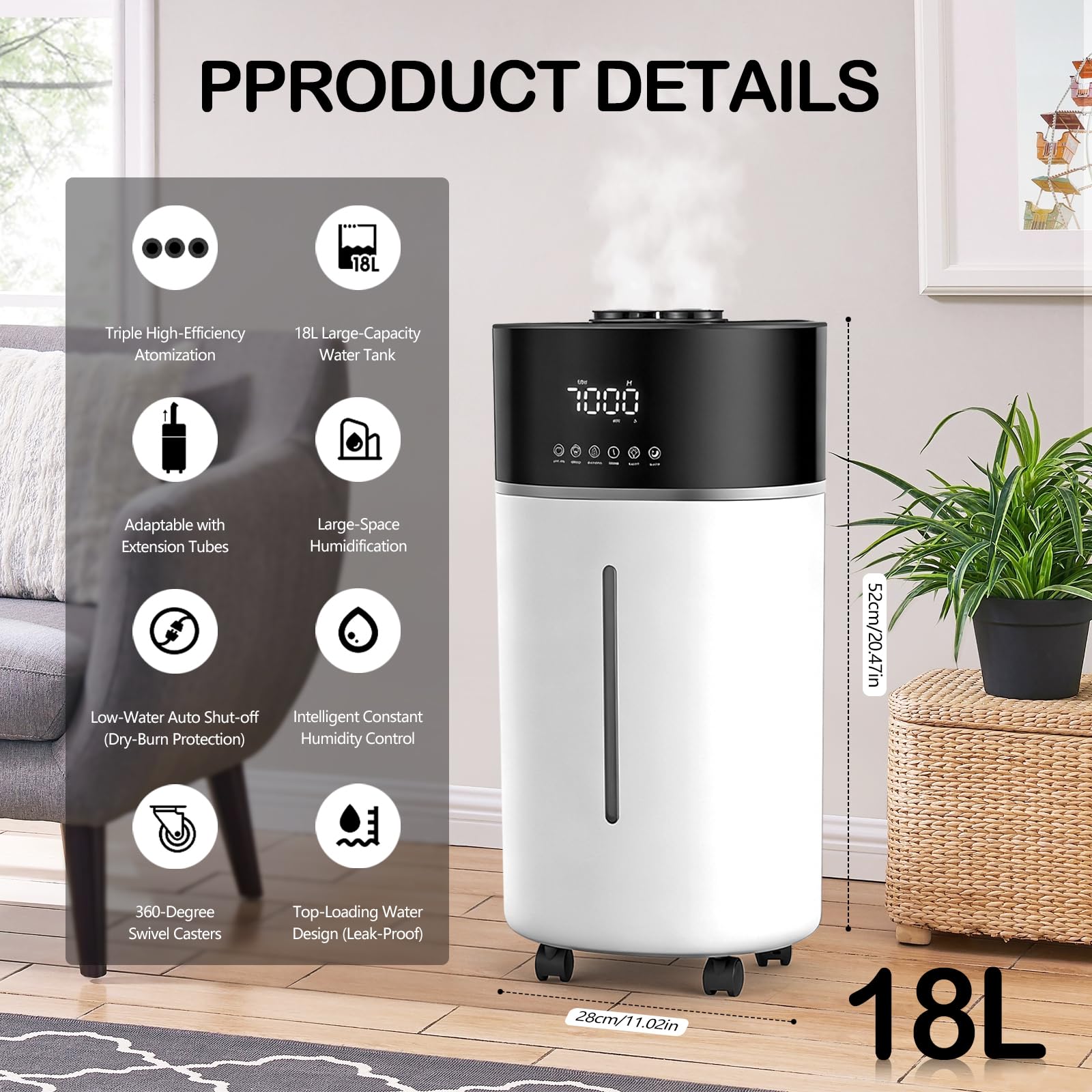Humidificateur d'Air Chambre 18L, Diffuseur Huiles Essentielles Intelligent pour Chambres Humidifier Chaud/Froid pour Pièces Jusqu'à 200m² et Plantes et Usage Commercial