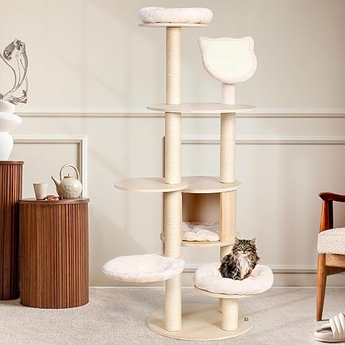 KAMABOKO Árbol para gatos de 64 pulgadas de alto, torre de árboles de madera para gatos con condominio, hamaca y percha superior, moderno árbol alto