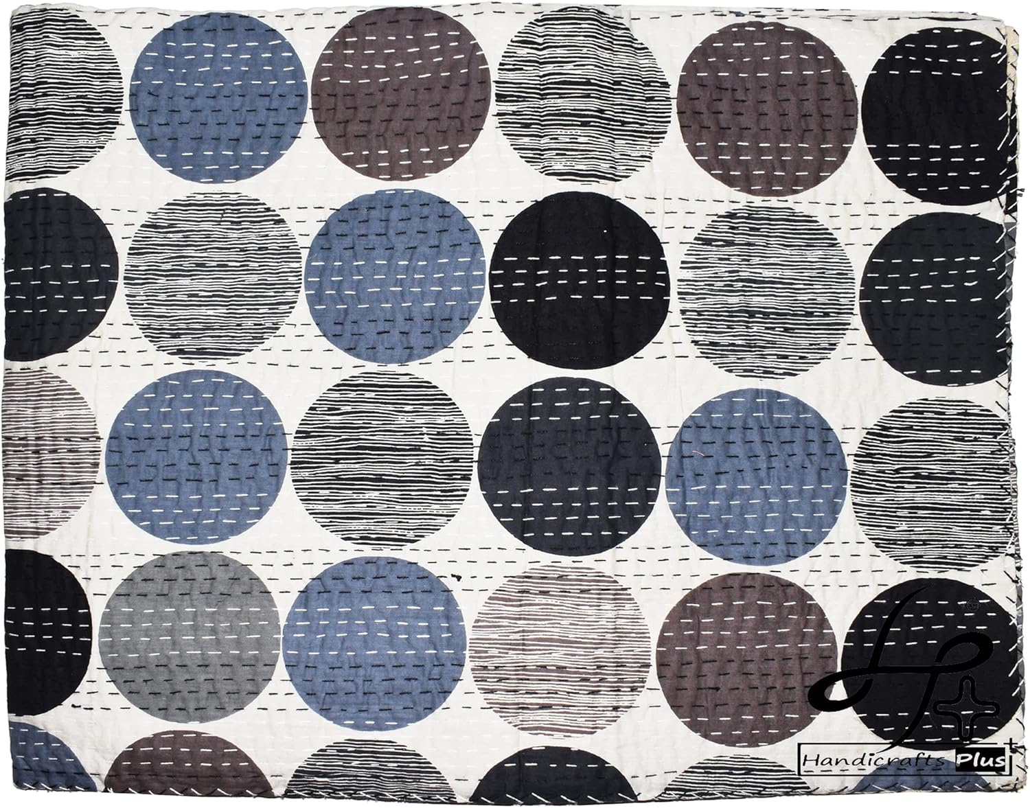 Twin/Single Size Kantha Quilt Beautiful Cotton Blanket Handmade Bedcover Traditional Bedspread Polka Dot Print Throw Black Color Blanket 60X90