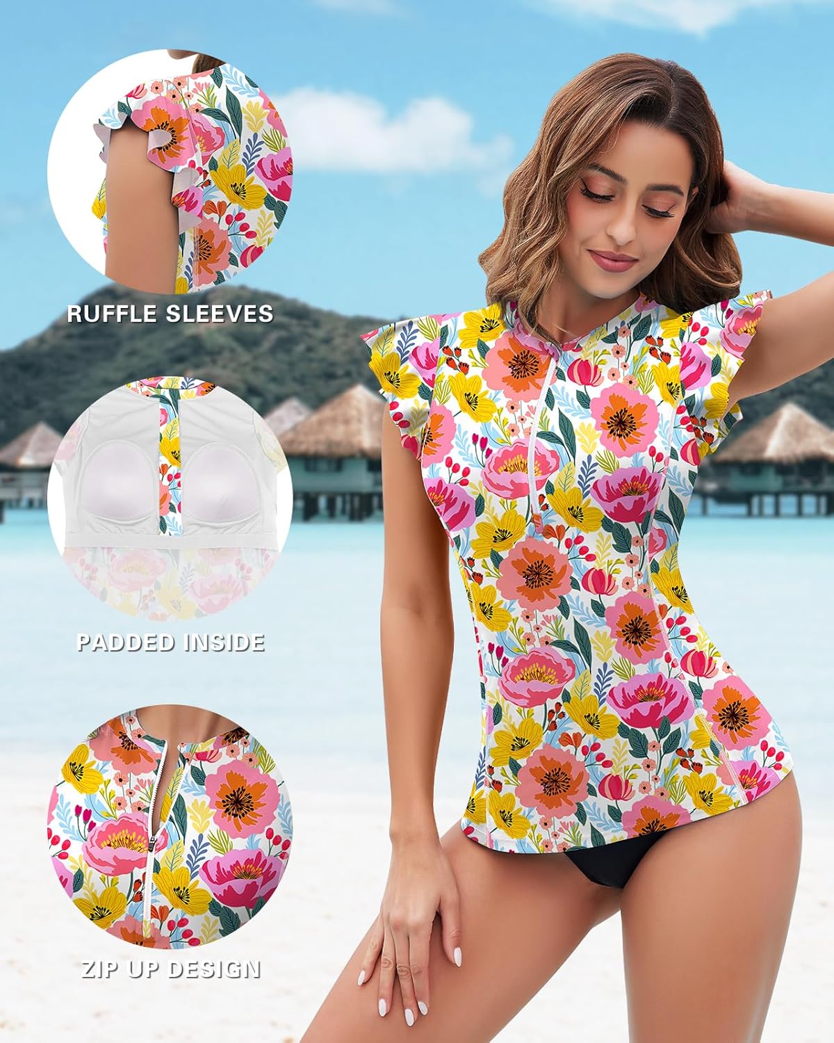 Soneven Women's Swim Shirt UPF 50+ Ruffle Sleeve Rash Guard UV Sun Protection Swimsuit Top Bathing Suit No Bottom - Image 4